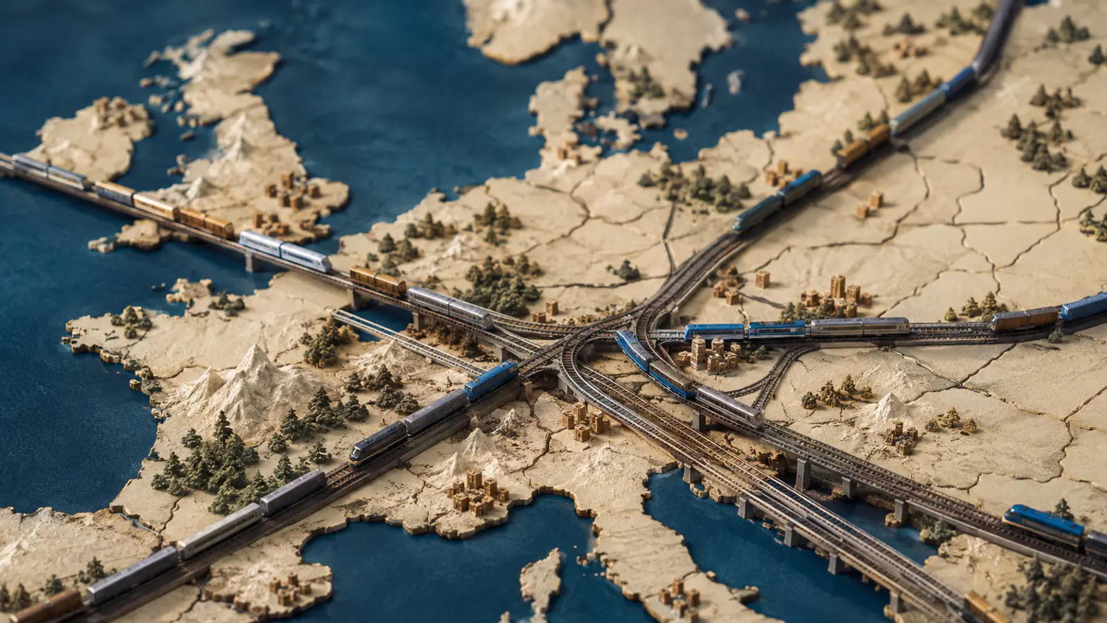 Un plastico dell'Europa con più linee ferroviarie che attraversano i confini nazionali e convergono verso uno snodo comune, a rappresentare il passaggio dalla traccia nazionale al portafoglio europeo.