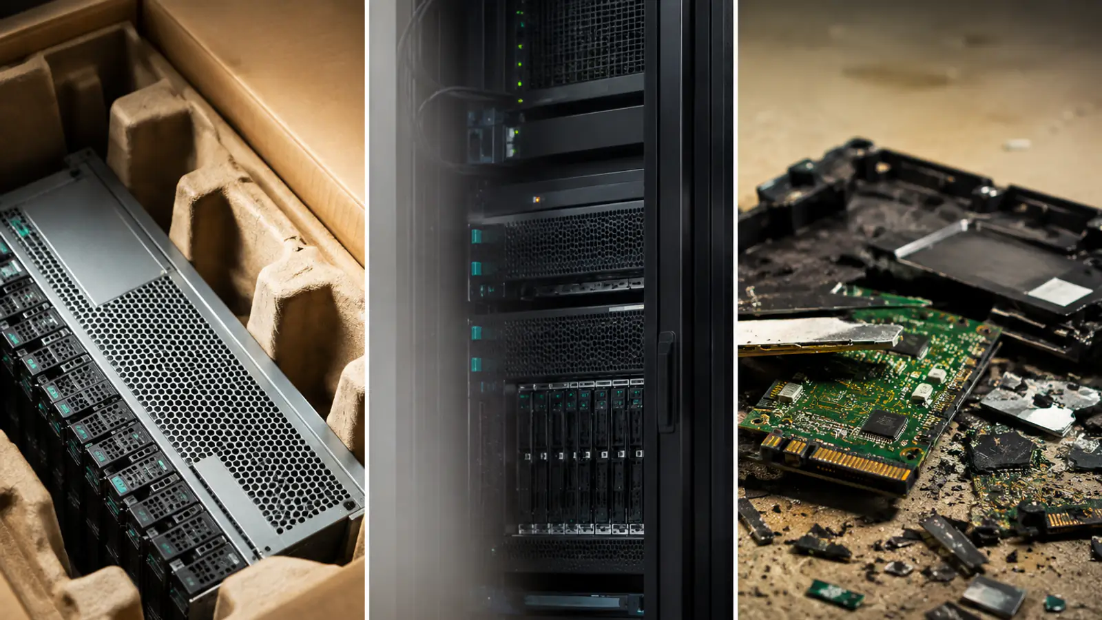 Tre scene in sequenza — componenti hardware appena imballati, un rack server in esercizio, una scheda elettronica danneggiata a terra — a rappresentare il ciclo di vita completo dall'acquisto al fine vita.