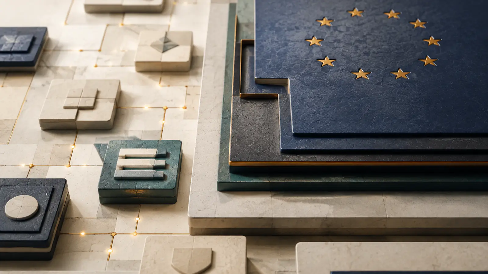 Tessere geometriche connesse da linee dorate luminose accanto a un pannello con le stelle dell'Unione europea, a rappresentare l'aggiornamento del quadro di interoperabilità europeo.