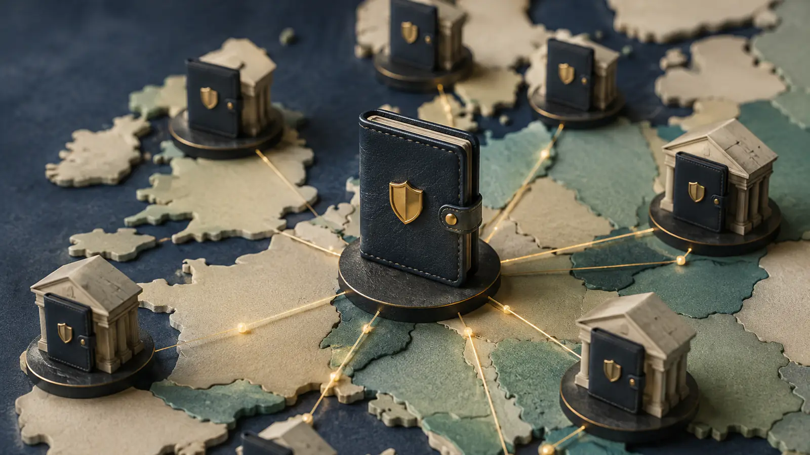 Una mappa d'Europa con piccoli portafogli digitali dotati di scudo su ogni area, collegati a un portafoglio centrale più grande, a rappresentare l'infrastruttura distribuita del portafoglio di identità digitale europeo.
