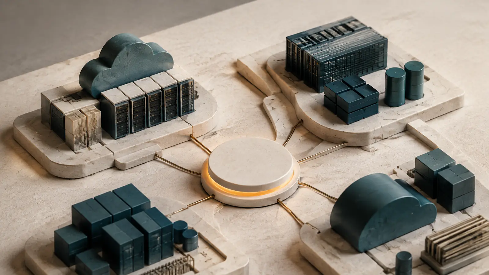 Quattro cluster distinti di infrastruttura — nuvola, server, storage, silo — collegati a un unico hub centrale luminoso, a rappresentare la convergenza multi-cloud verso un control plane comune.