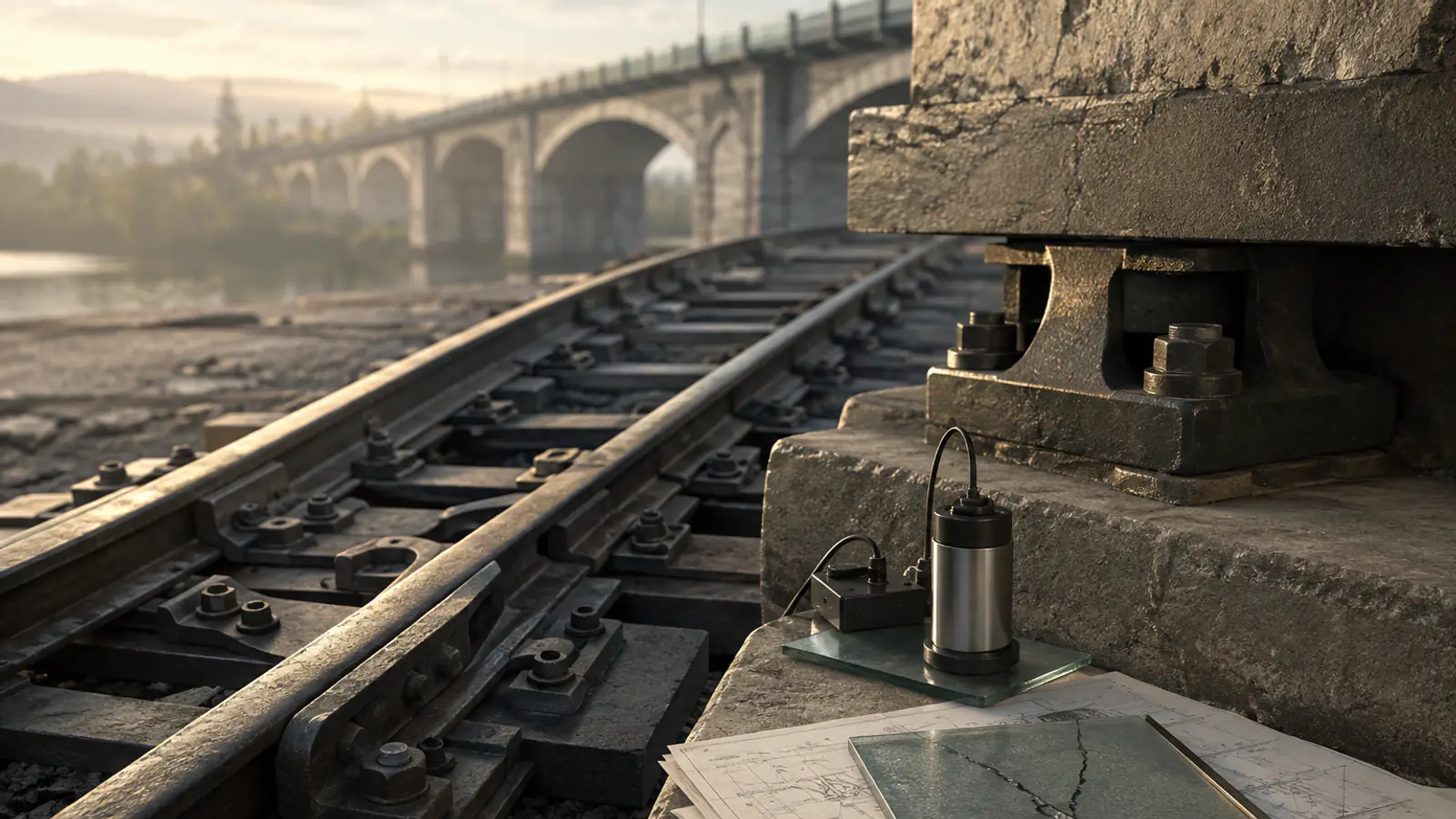 Un binario ferroviario reale con un sensore montato sull'infrastruttura fisica, accanto a documenti di ispezione: l'asset fisico osservato da un dispositivo di sensing.
