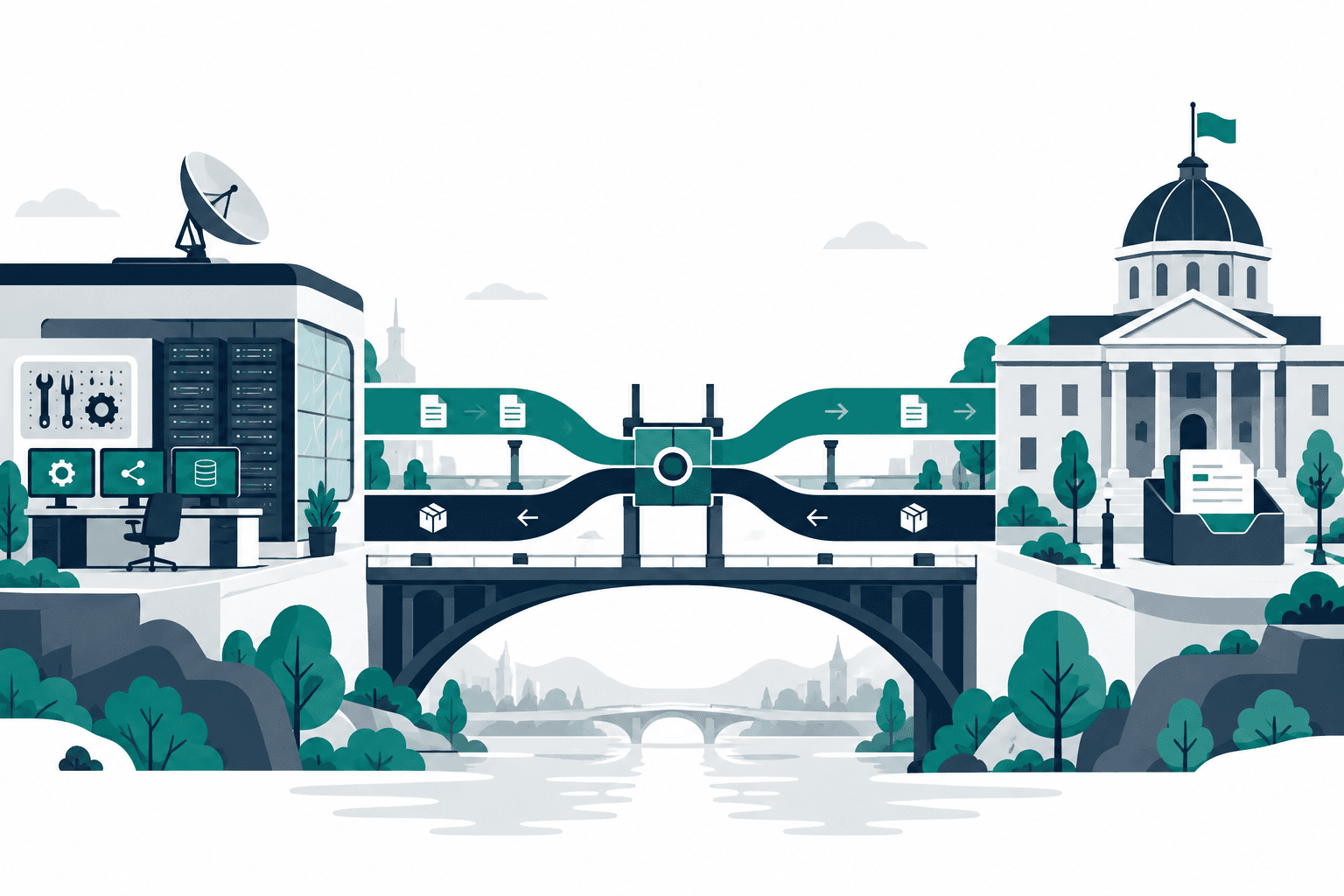 Un ponte a due vie collega un centro di servizi digitali e un'amministrazione locale.