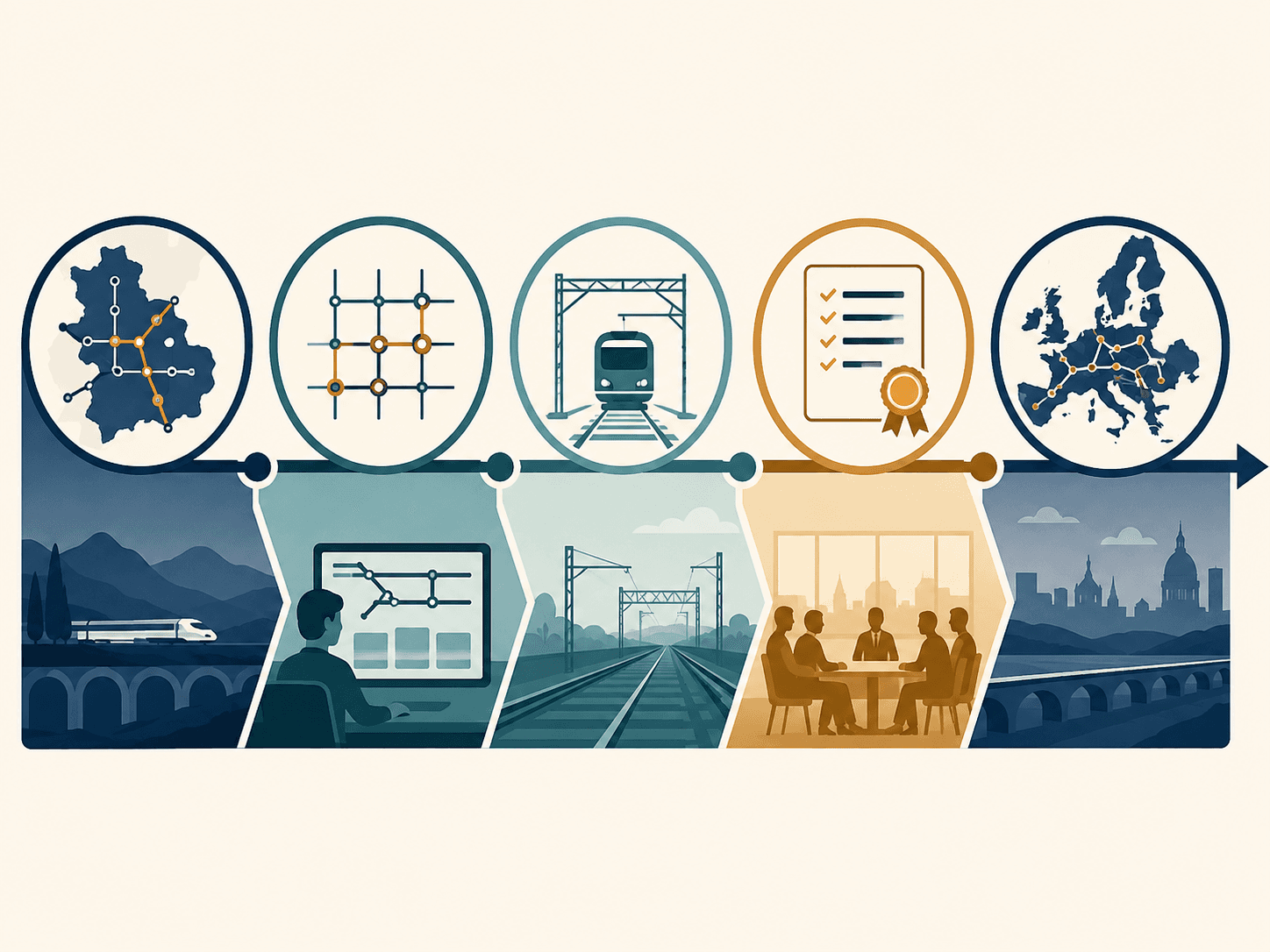 Sequenza che mostra una rete ferroviaria nazionale, una griglia di pianificazione, un treno in esercizio, un tavolo di governance multilaterale e infine una rete ferroviaria europea interconnessa.
