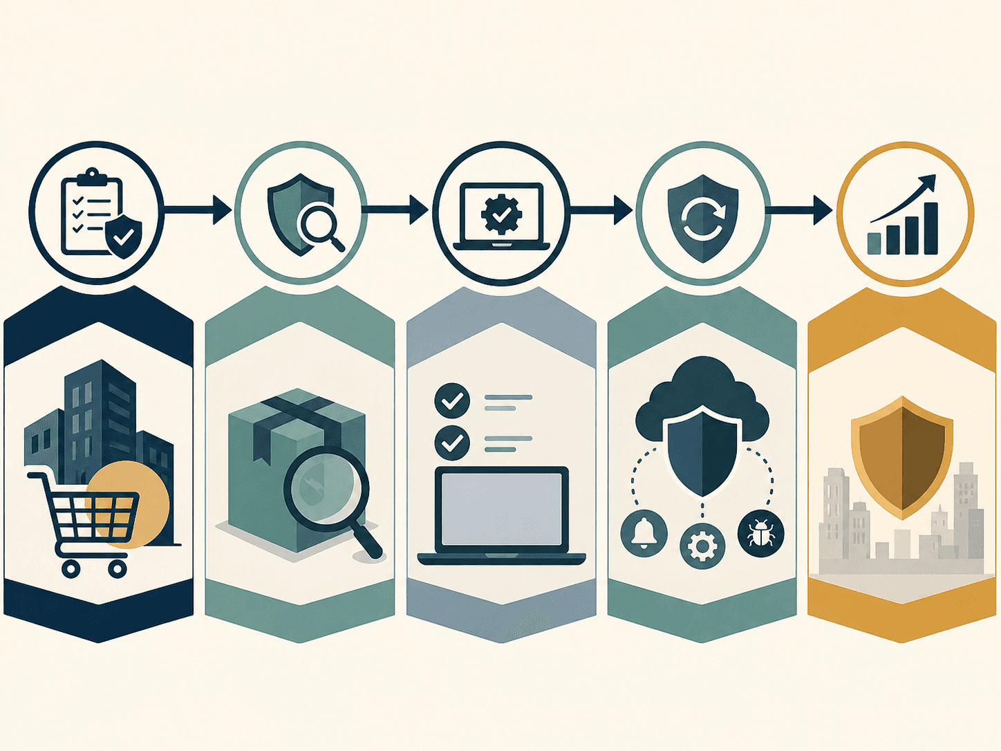 Sequenza di cinque fasi del procurement — requisiti di sicurezza, verifica del fornitore, certificazione del prodotto, monitoraggio continuo, esito di fiducia — coerenti con il ciclo di vita richiesto dal Cyber Resilience Act.