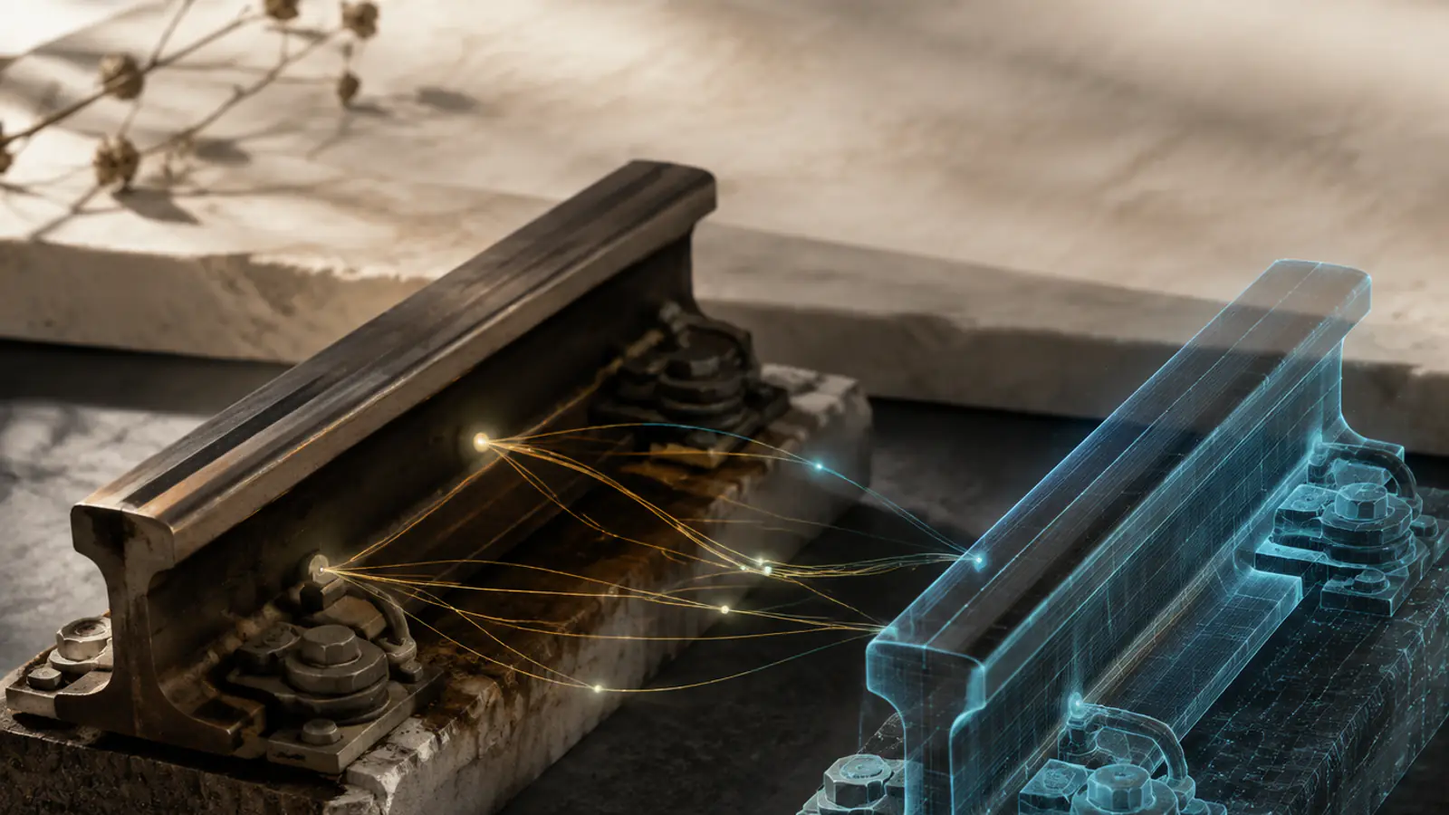 Un binario ferroviario fisico che si trasforma in una replica digitale trasparente a wireframe collegata da linee di dati, a rappresentare il gemello digitale di un asset fisico.