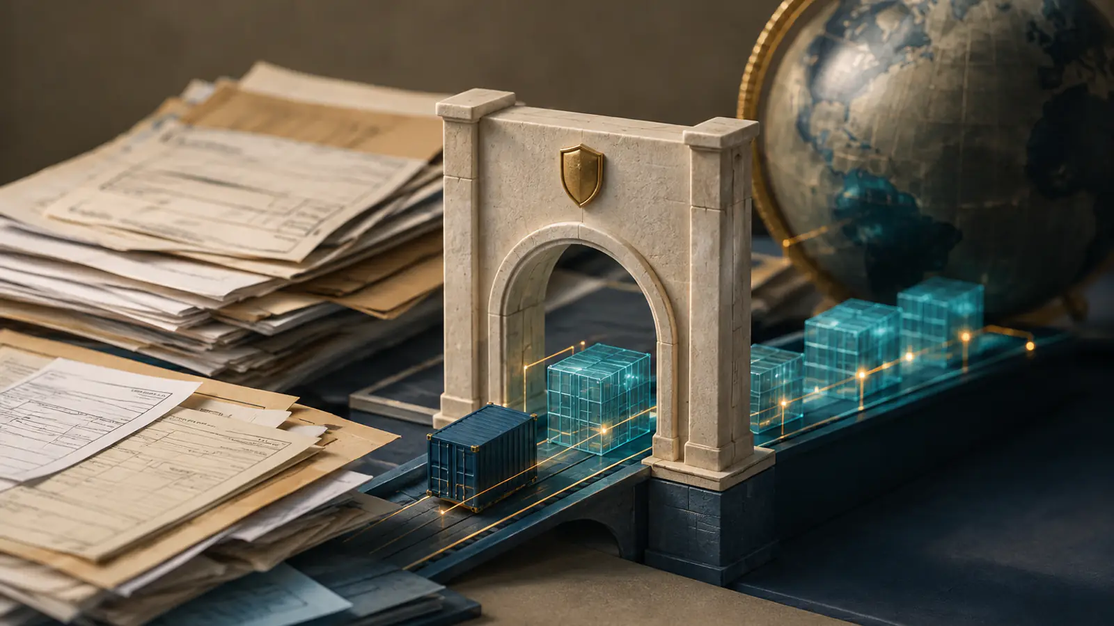 Un varco in pietra con uno stemma, attraversato da container digitali luminosi, accanto a documenti cartacei e a un mappamondo, a rappresentare il passaggio dal documento cartaceo al dato certificato.