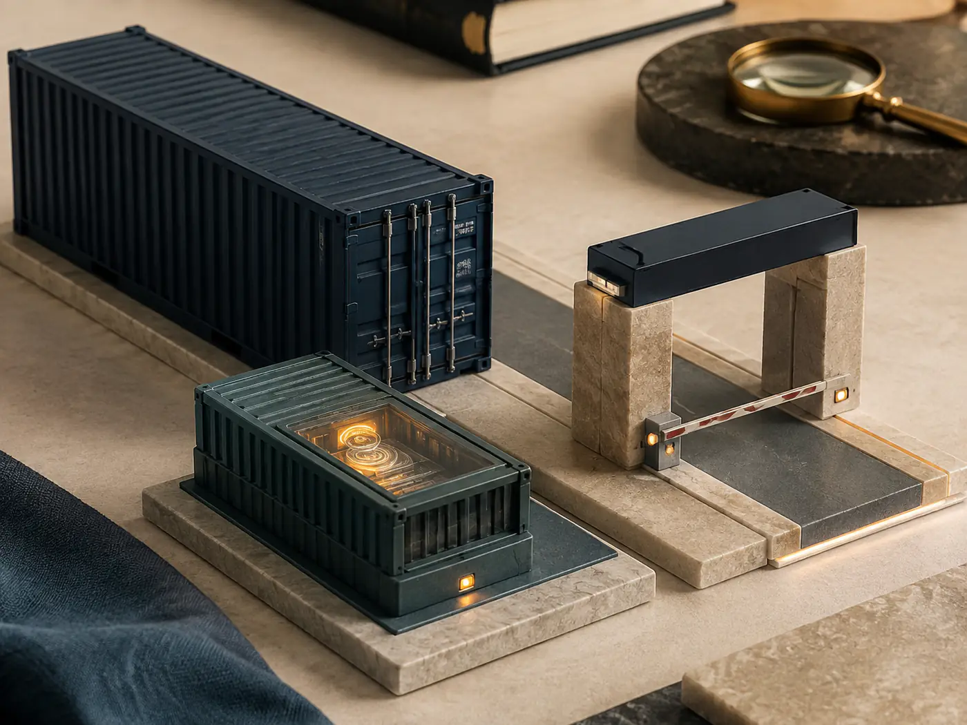 Un container merci fisico accanto alla sua controparte digitale luminosa che attraversa una barriera di controllo, a rappresentare la compliance come servizio dati verificabile a un checkpoint.
