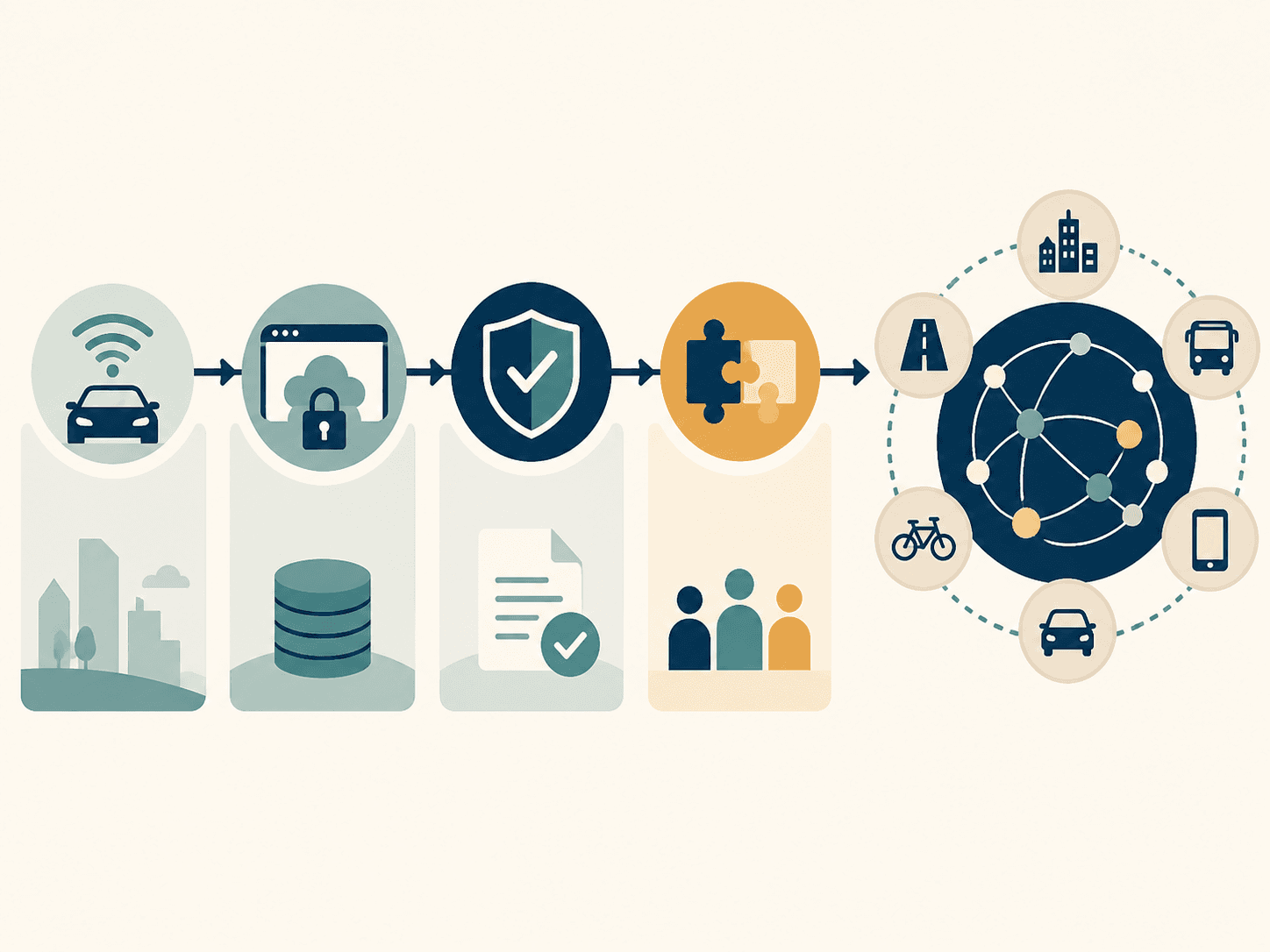 Sequenza che mostra un veicolo connesso, i dati protetti in cloud, la verifica di conformità documentale, la condivisione tra attori e infine una rete multimodale che integra strada, trasporto pubblico, bici e dispositivi mobili.