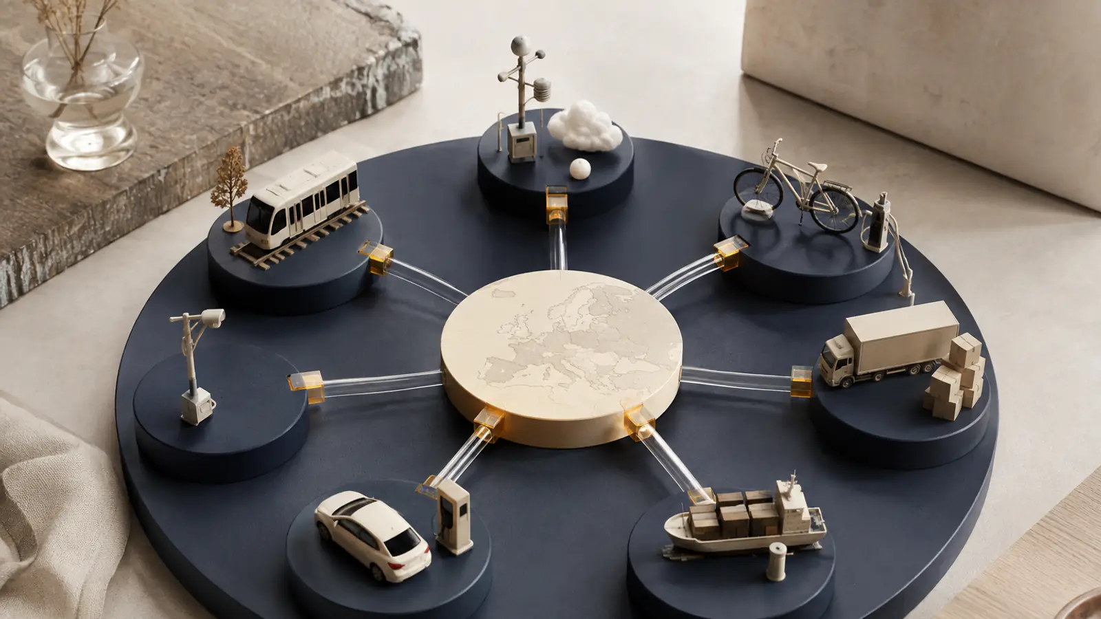 Un disco centrale europeo collegato tramite tubi luminosi a otto piattaforme con diversi mezzi di trasporto e sensori, a rappresentare un mercato federato di dati di mobilità.