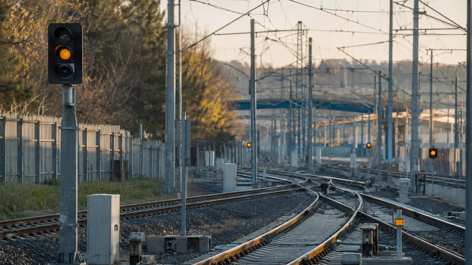 Un semaforo ferroviario con luce gialla accesa lungo un binario elettrificato al tramonto, a rappresentare un segnale di stato nel deployment ERTMS.