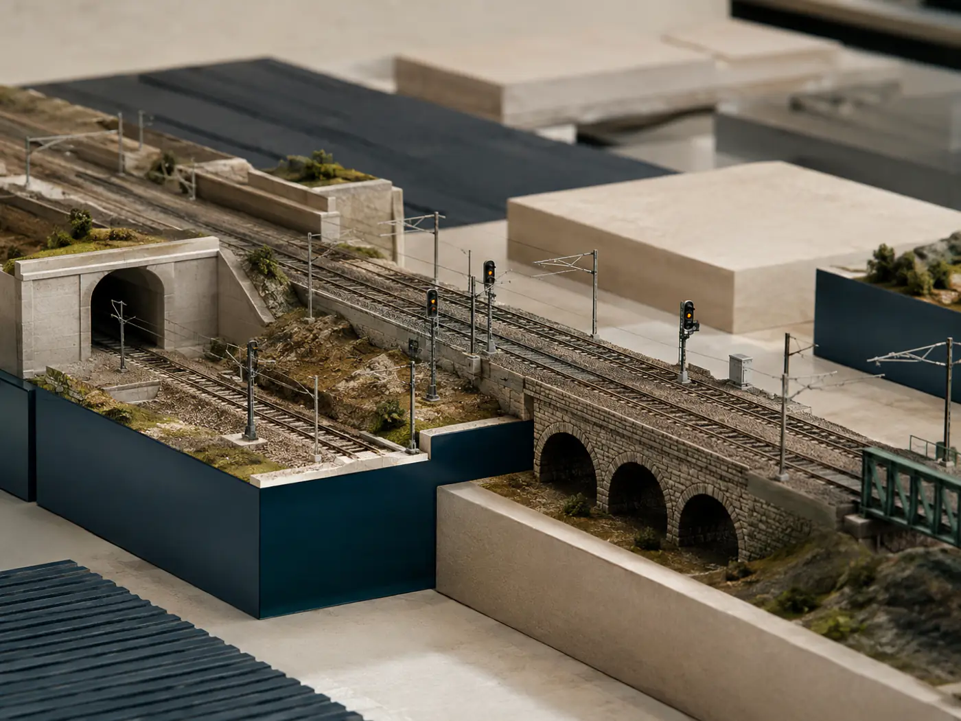Un plastico dettagliato di infrastruttura ferroviaria — galleria, viadotto, segnali — suddiviso in segmenti di colore diverso, a rappresentare il deployment coordinato su più tratte della rete.