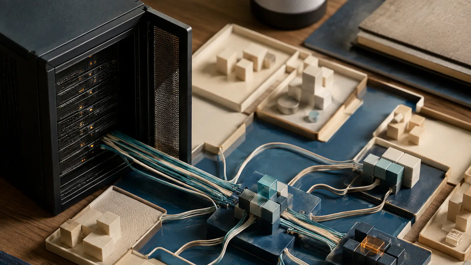 Un rack server aperto con cavi che si diramano verso un plastico architettonico suddiviso in più aree modulari, a rappresentare la tecnologia che esce dal perimetro dell'IT verso il resto dell'organizzazione.