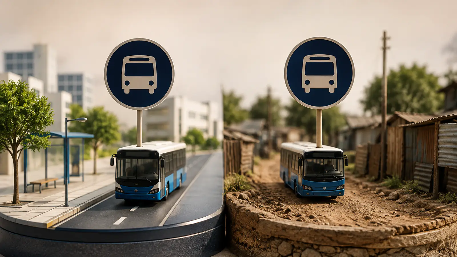 Lo stesso segnale di fermata dell'autobus mostrato in due contesti urbani completamente diversi, uno sviluppato e uno informale, a rappresentare lo stesso indicatore applicato a realtà non comparabili.