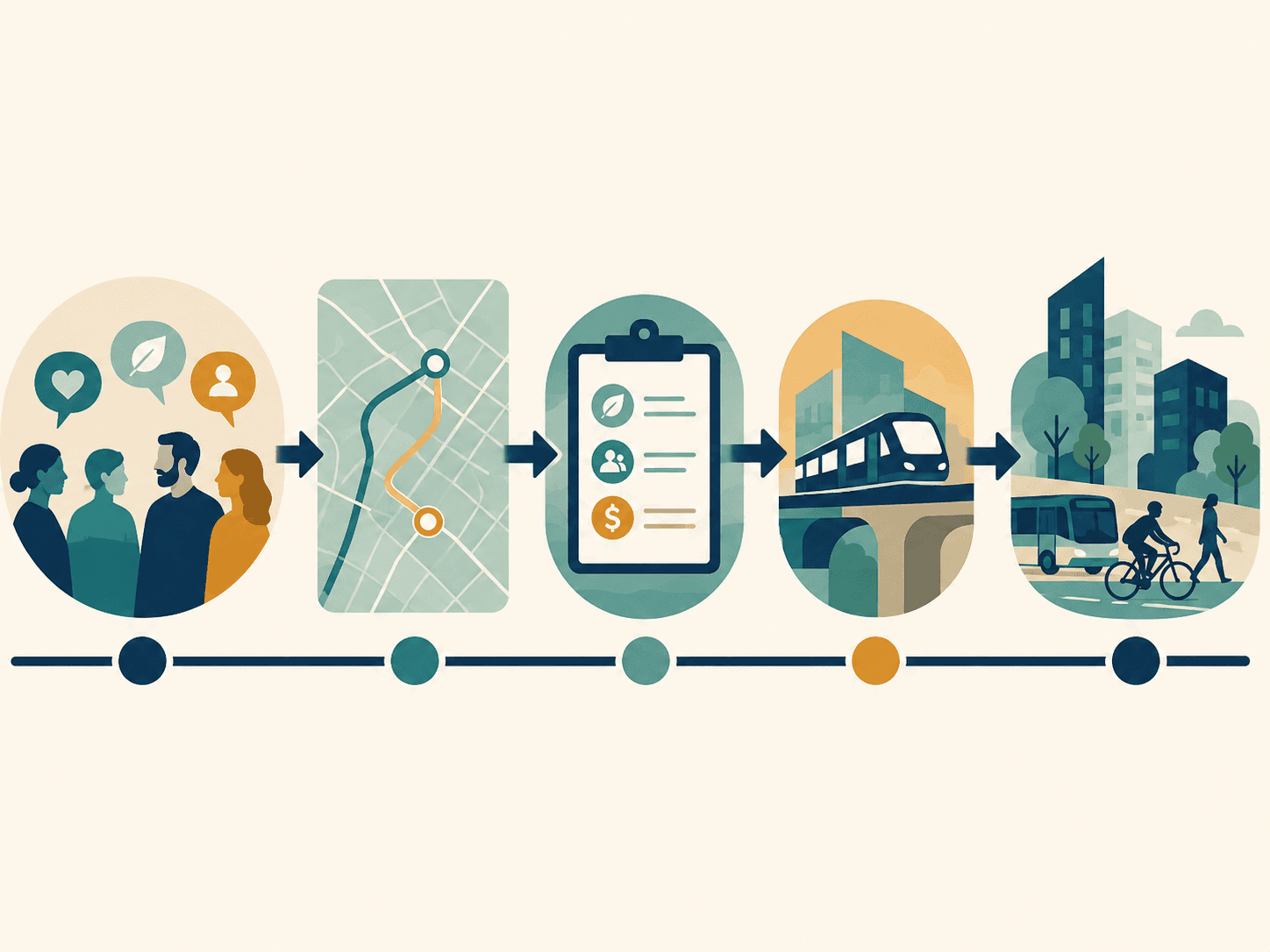 Sequenza che mostra le preferenze delle persone, la scelta di un percorso, una valutazione costi-benefici, un investimento infrastrutturale e infine il nuovo assetto della mobilità urbana che ne risulta.