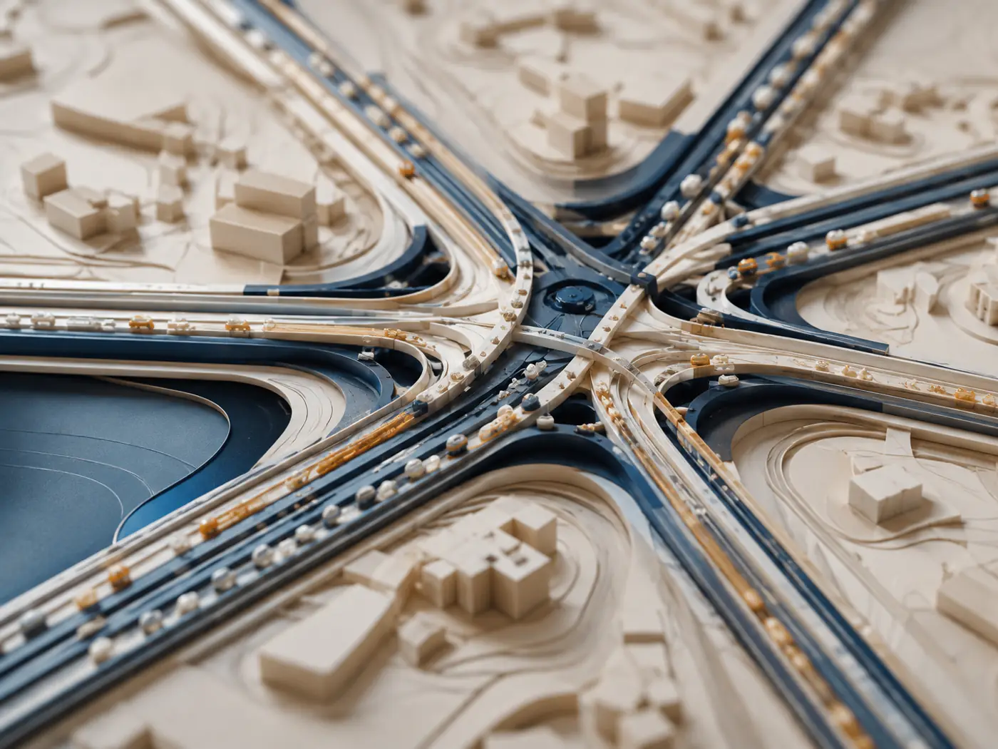 Uno svincolo autostradale e ferroviario complesso visto dall'alto, con veicoli in miniatura che scorrono lungo corsie curve convergenti, a rappresentare la domanda di trasporto come fenomeno dinamico e non un input fisso.