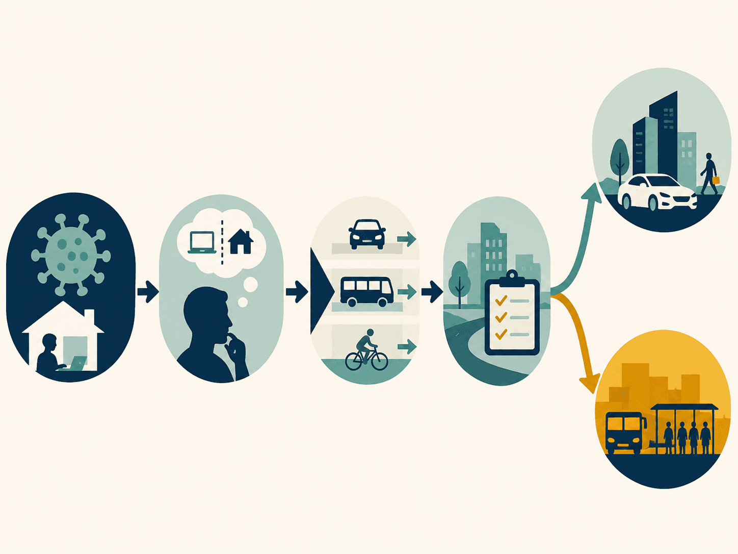 Sequenza che mostra l'isolamento pandemico, la riflessione sulle abitudini di spostamento, la scelta tra auto, autobus e bicicletta, una valutazione dei criteri di scelta e infine due esiti divergenti: più auto private da un lato, più trasporto pubblico condiviso dall'altro.