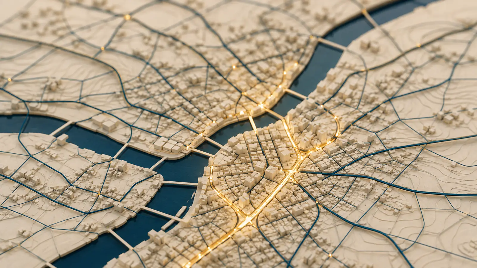 Un plastico urbano con linee stradali dorate più intense nel centro città e più tenui in periferia, a rappresentare un'intensità di mobilità disomogenea fra segmenti.