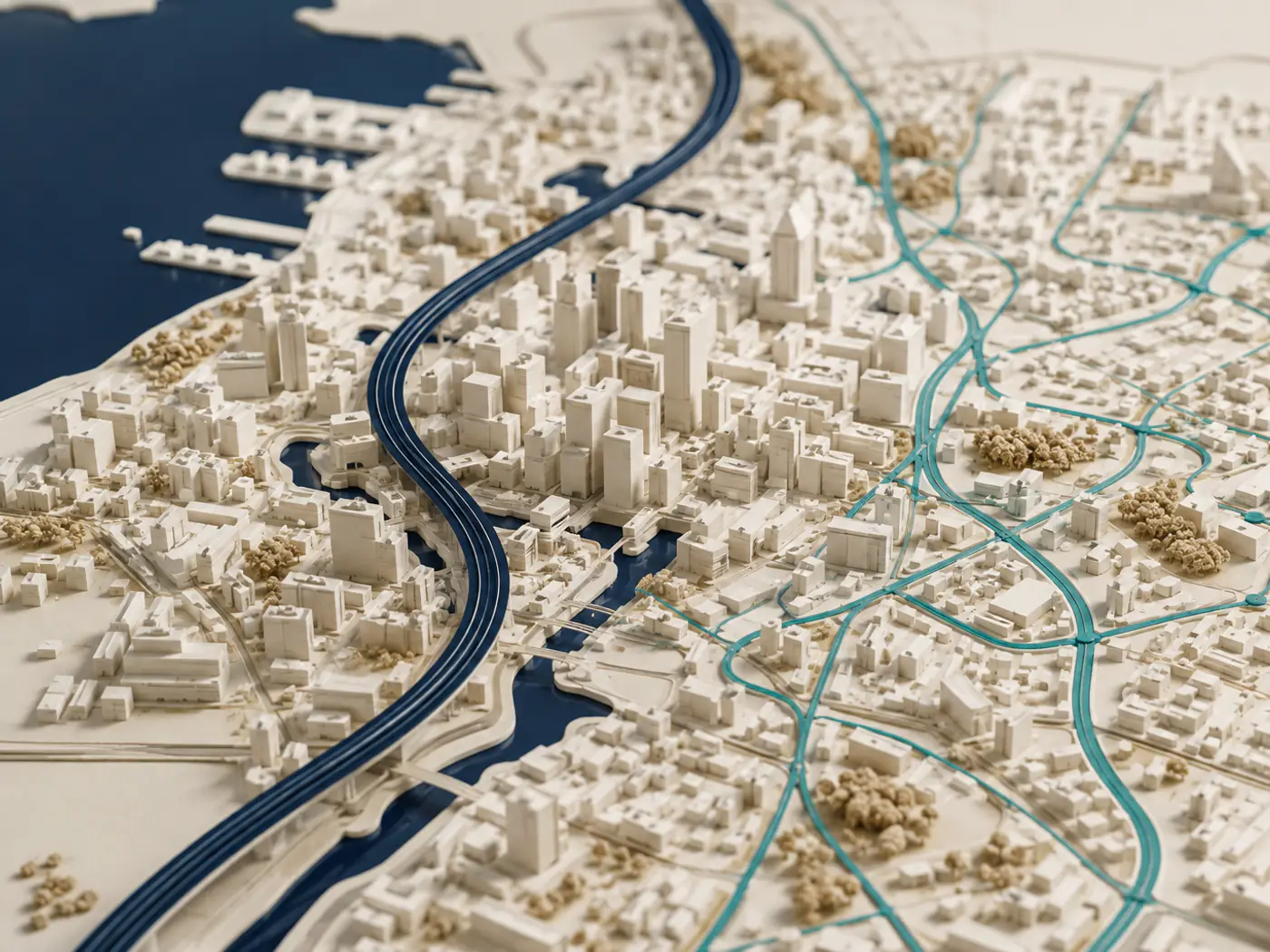 Una città divisa da un fiume in due sponde con trattamenti stradali visivamente distinti, a rappresentare due traiettorie di mobilità che si sono polarizzate in direzioni opposte.