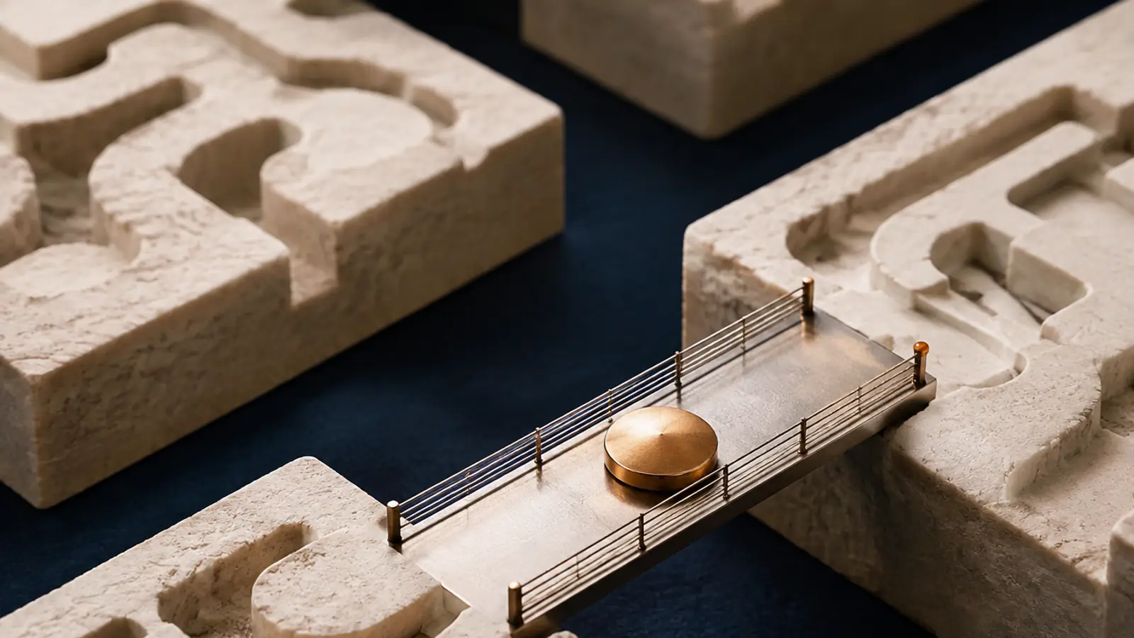 Due blocchi di pietra con forme scavate a rappresentare sistemi distinti, collegati da un piccolo ponte metallico, a rappresentare una connessione che i sistemi da soli non forniscono.