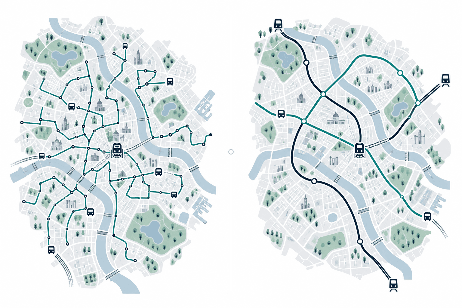 Due mappe urbane immaginarie affiancano una rete di percorsi locali e una rete di collegamenti più lunghi.