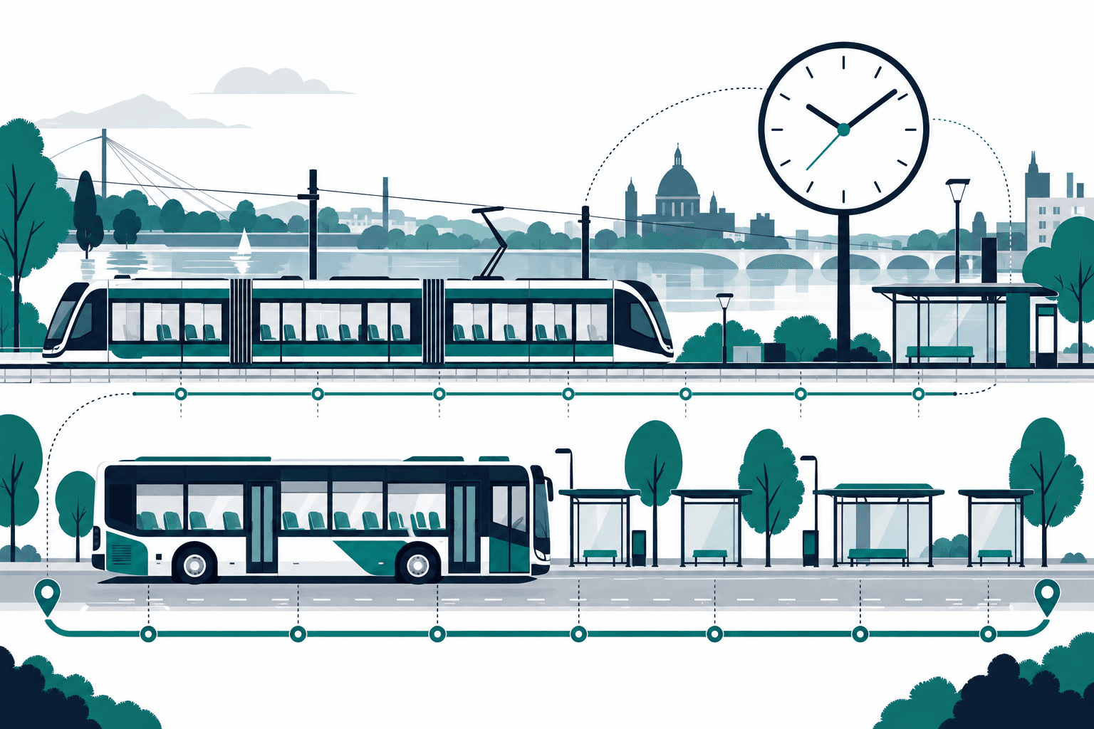 Un tram e un autobus con posti visibili, fermate, riferimenti di distanza e un orologio.
