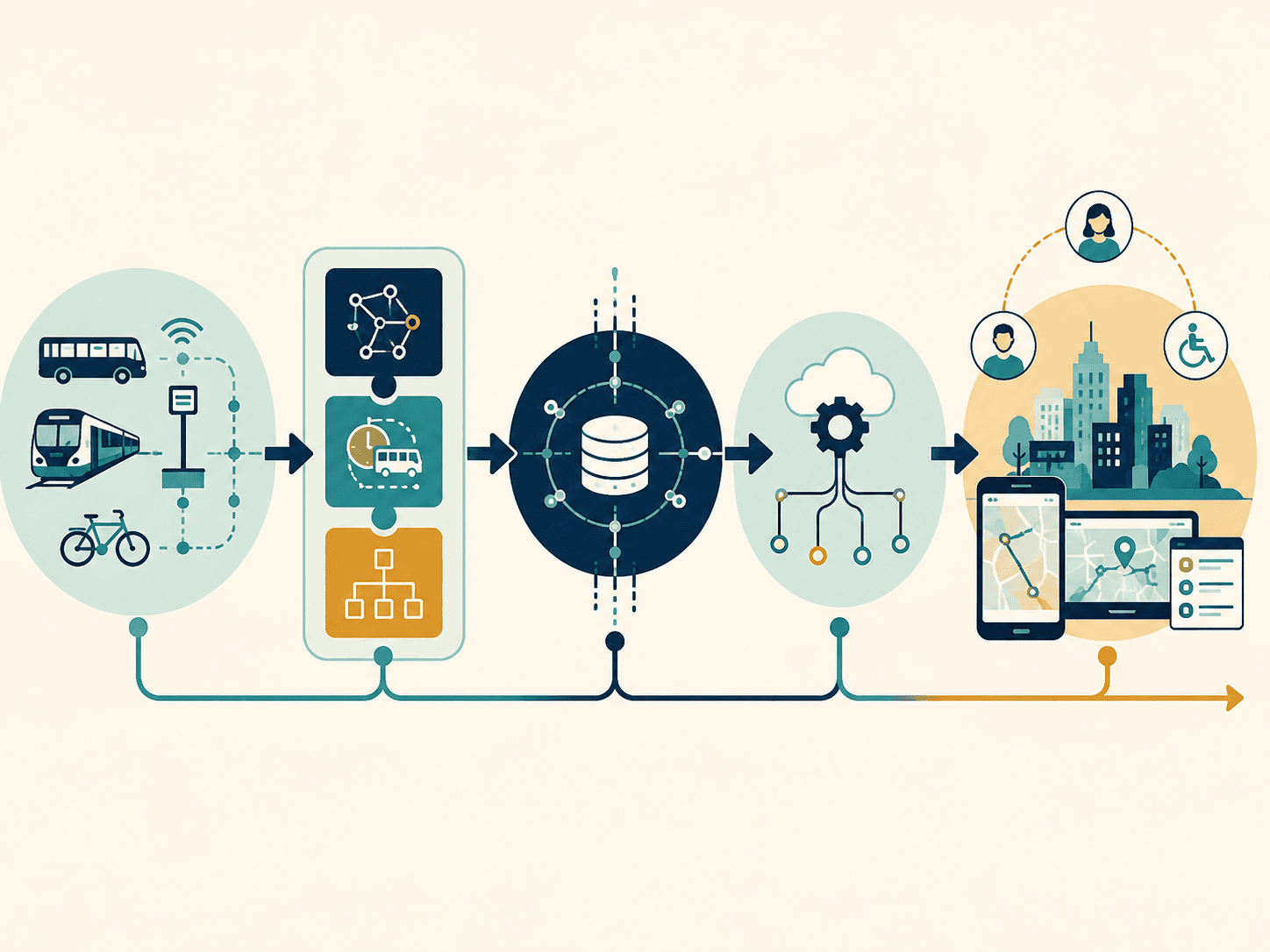 Sequenza che mostra i mezzi di trasporto pubblico, la loro codifica in standard di dati strutturati, un database centrale, un livello di distribuzione e infine l'accesso ai dati da parte di cittadini e utenti su più dispositivi.