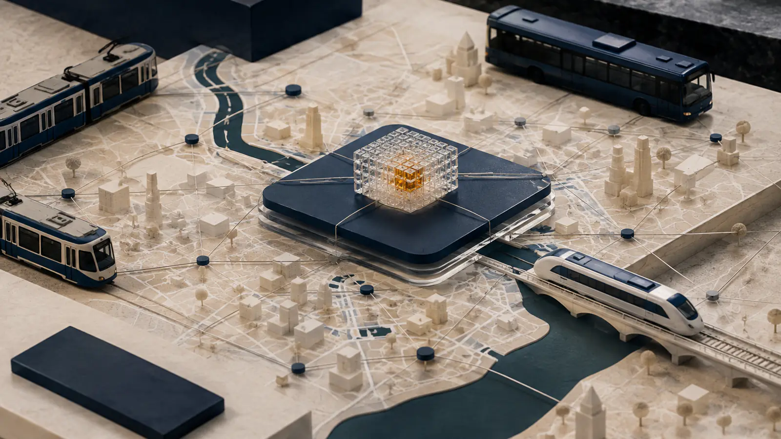 Una mappa urbana con tram, autobus e treni collegati da una rete di nodi luminosi convergenti su un cubo di dati centrale, a rappresentare i dati aperti di mobilità come infrastruttura condivisa.