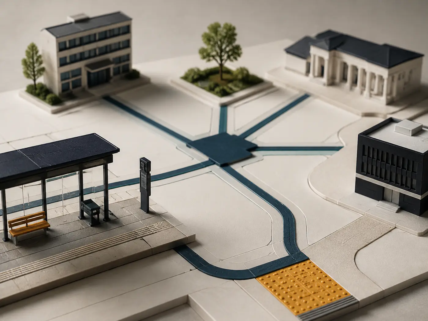Una piazza urbana con pavimentazione tattile, una pensilina e percorsi che convergono verso un nodo centrale, a rappresentare un'infrastruttura di mobilità costruita su dati e standard condivisi.