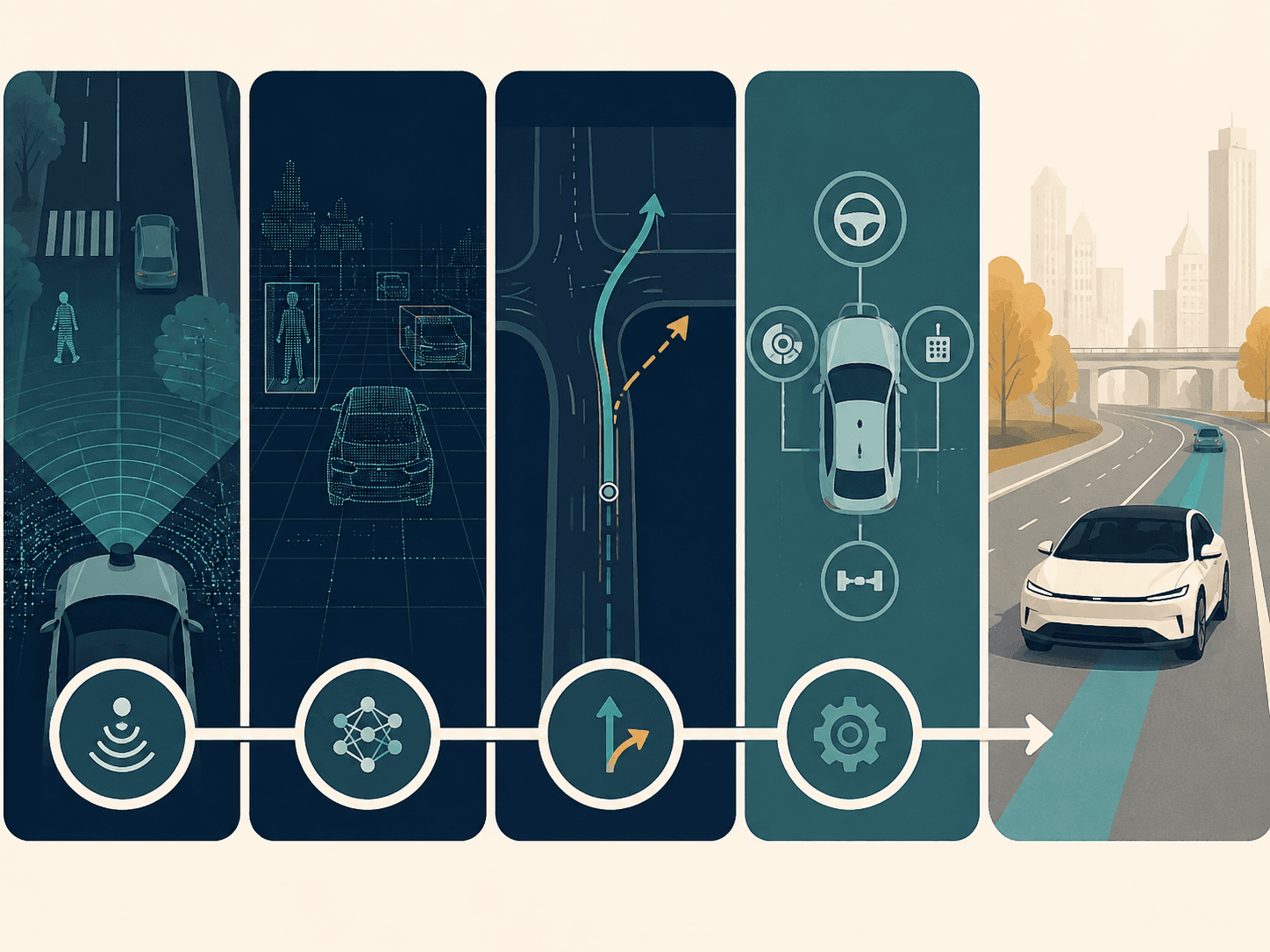 Sequenza che mostra un veicolo autonomo: percezione dei sensori, rilevamento di pedoni e altri veicoli, pianificazione del percorso, attuazione dei comandi di guida, fino alla circolazione reale su strada urbana.