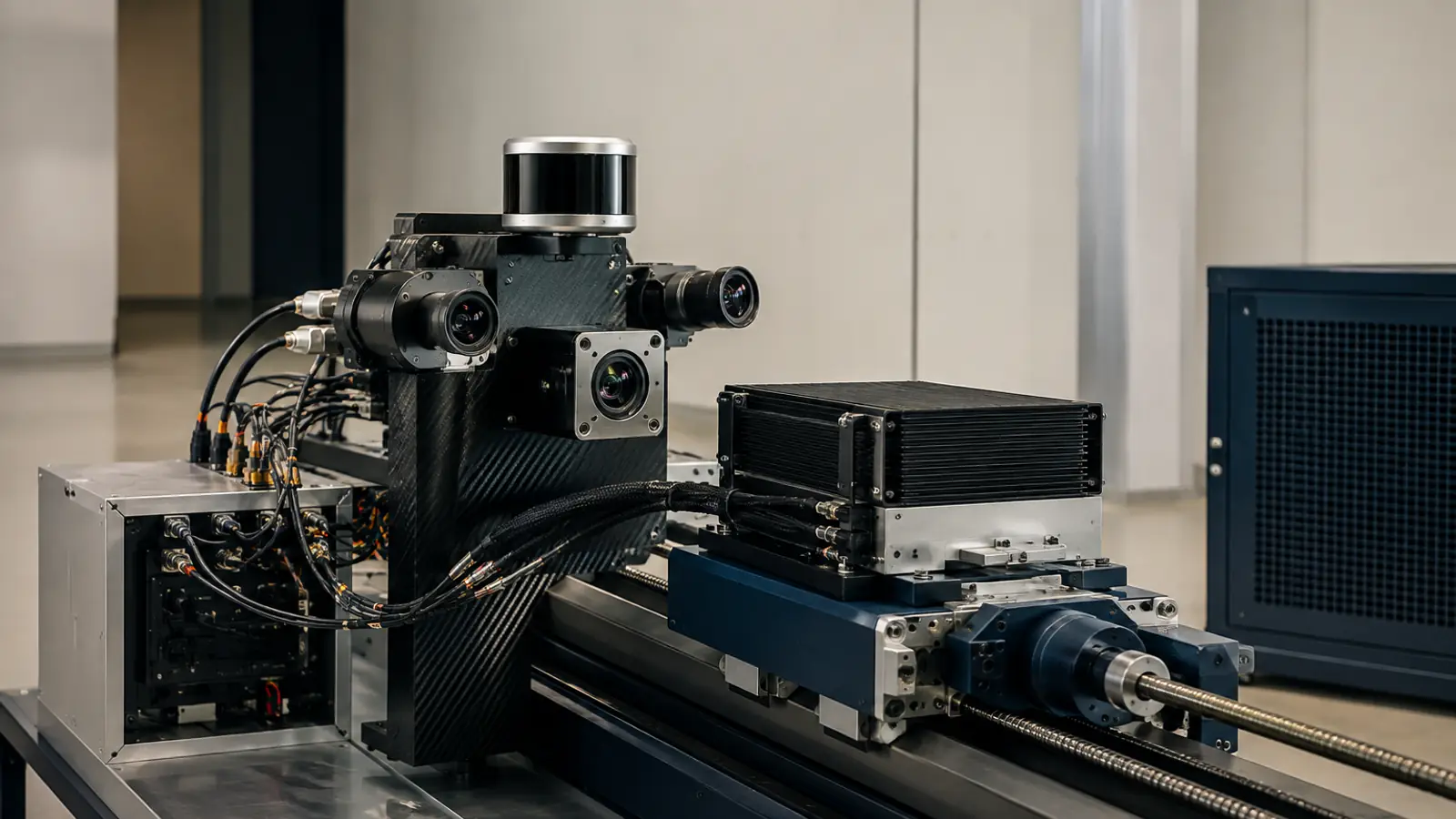 Un sistema di sensori e telecamere multiple montato su un binario meccanico, collegato a un'unità di calcolo, a rappresentare l'hardware che traduce una decisione algoritmica in azione fisica.