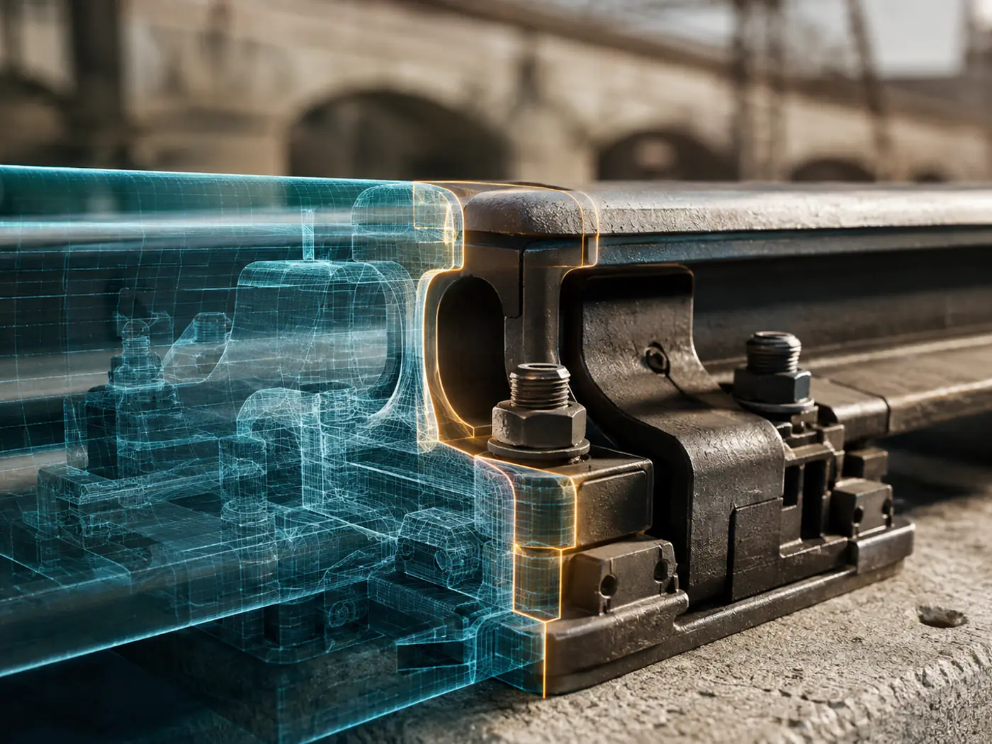 Un giunto ferroviario che passa da una rappresentazione digitale trasparente a wireframe alla sua controparte fisica reale, a rappresentare il passaggio dal modello digitale all'azione nel mondo fisico.