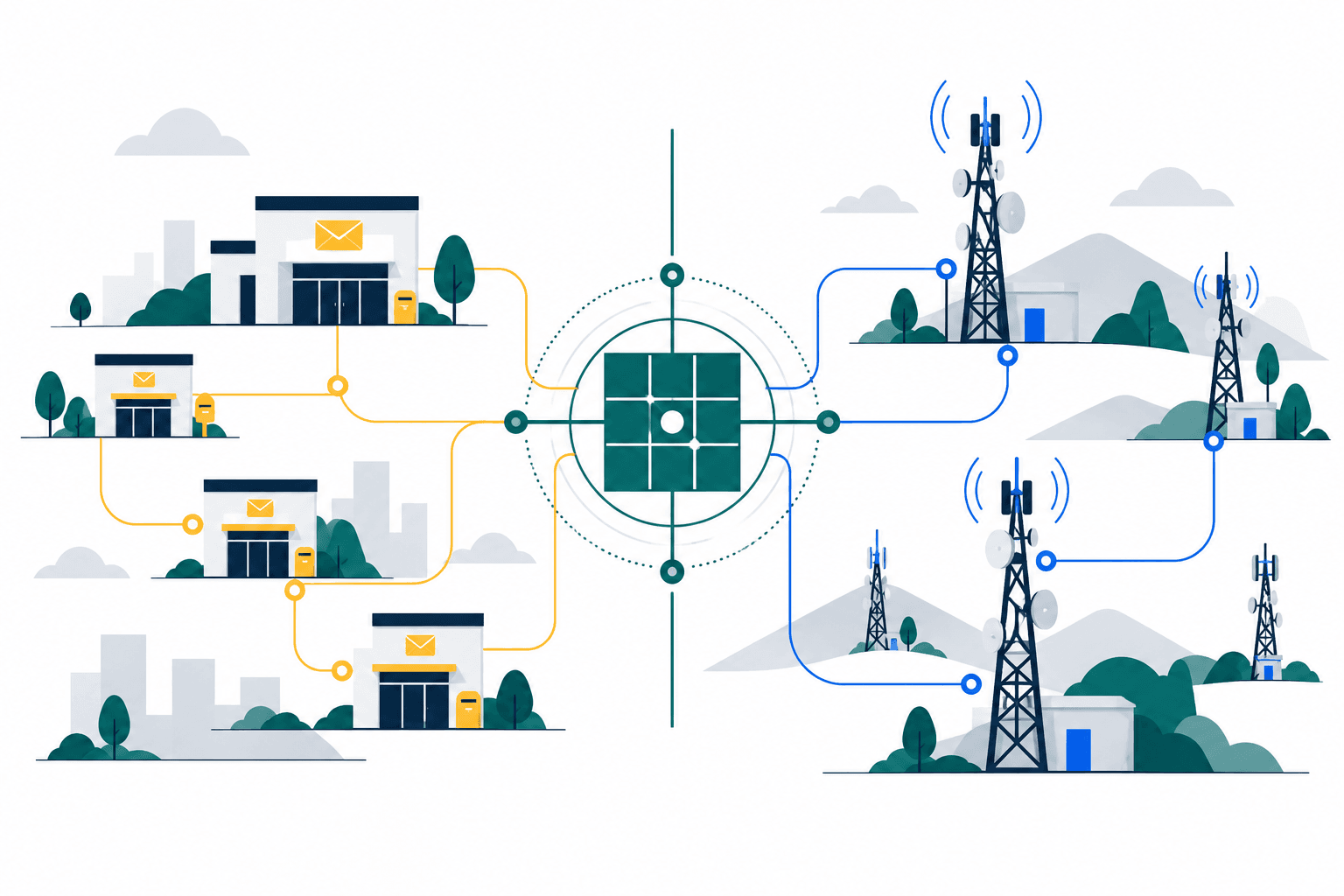 Illustrazione di reti postali e di telecomunicazione che convergono in una struttura condivisa.