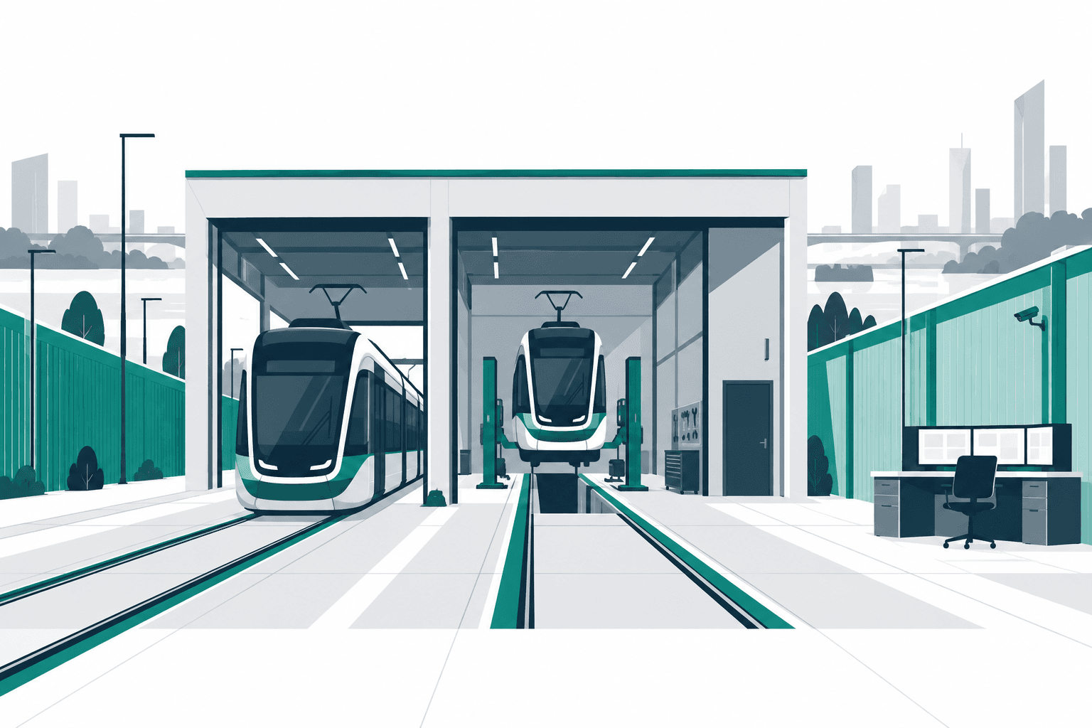 Illustrazione concettuale di un deposito tranviario con supervisione a distanza.
