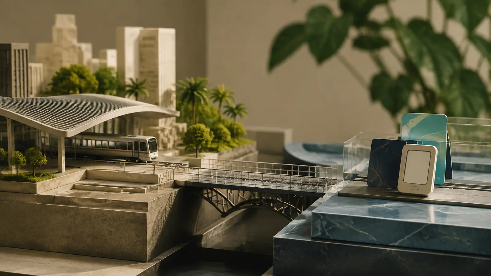 Una stazione di trasporto pubblico moderna con palme tropicali e, in primo piano, alcune carte di pagamento in piedi su un supporto in marmo, a rappresentare la bigliettazione basata su conto a Singapore.