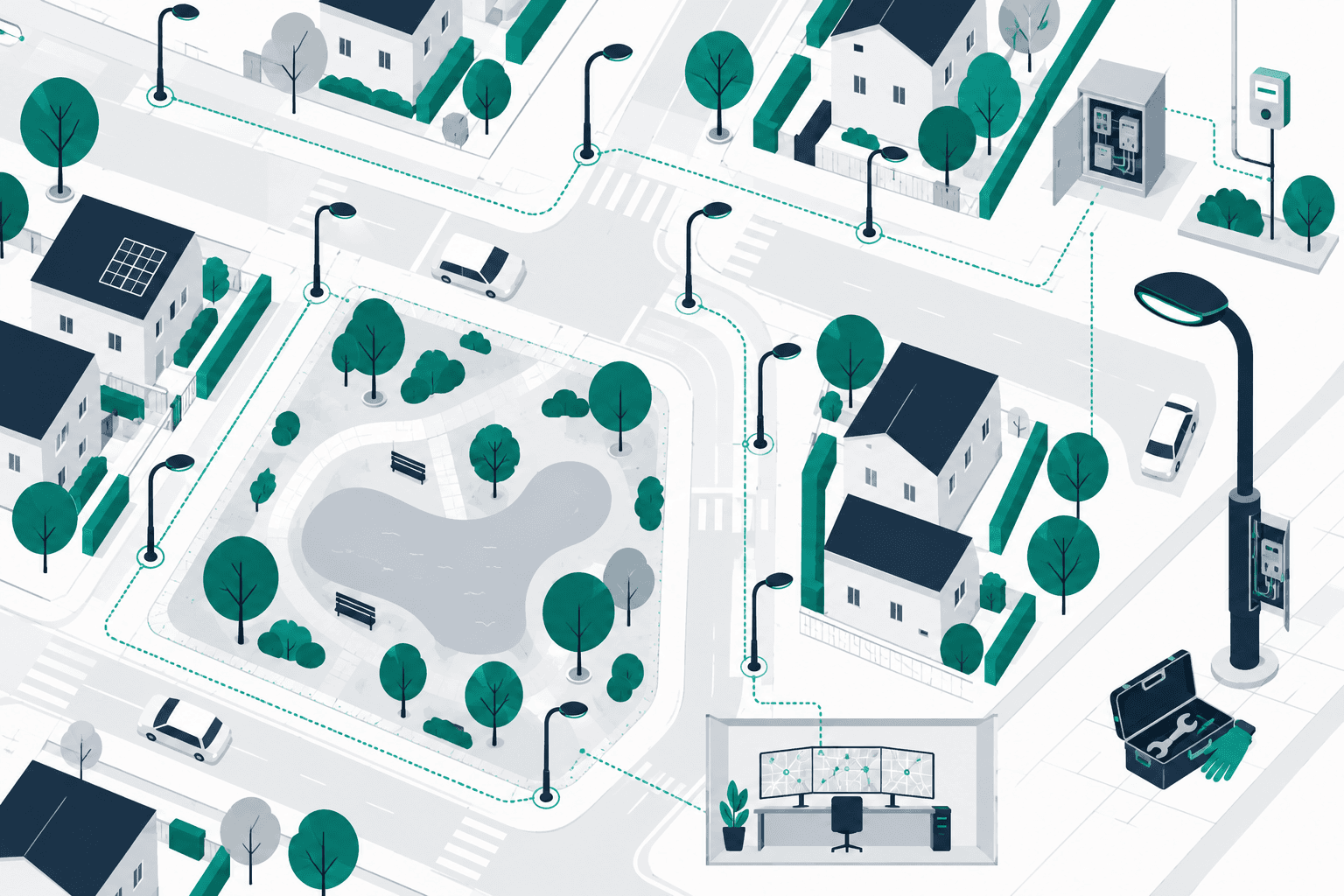 Quartiere immaginario con punti luce collegati, quadro tecnico, monitoraggio e strumenti di manutenzione.