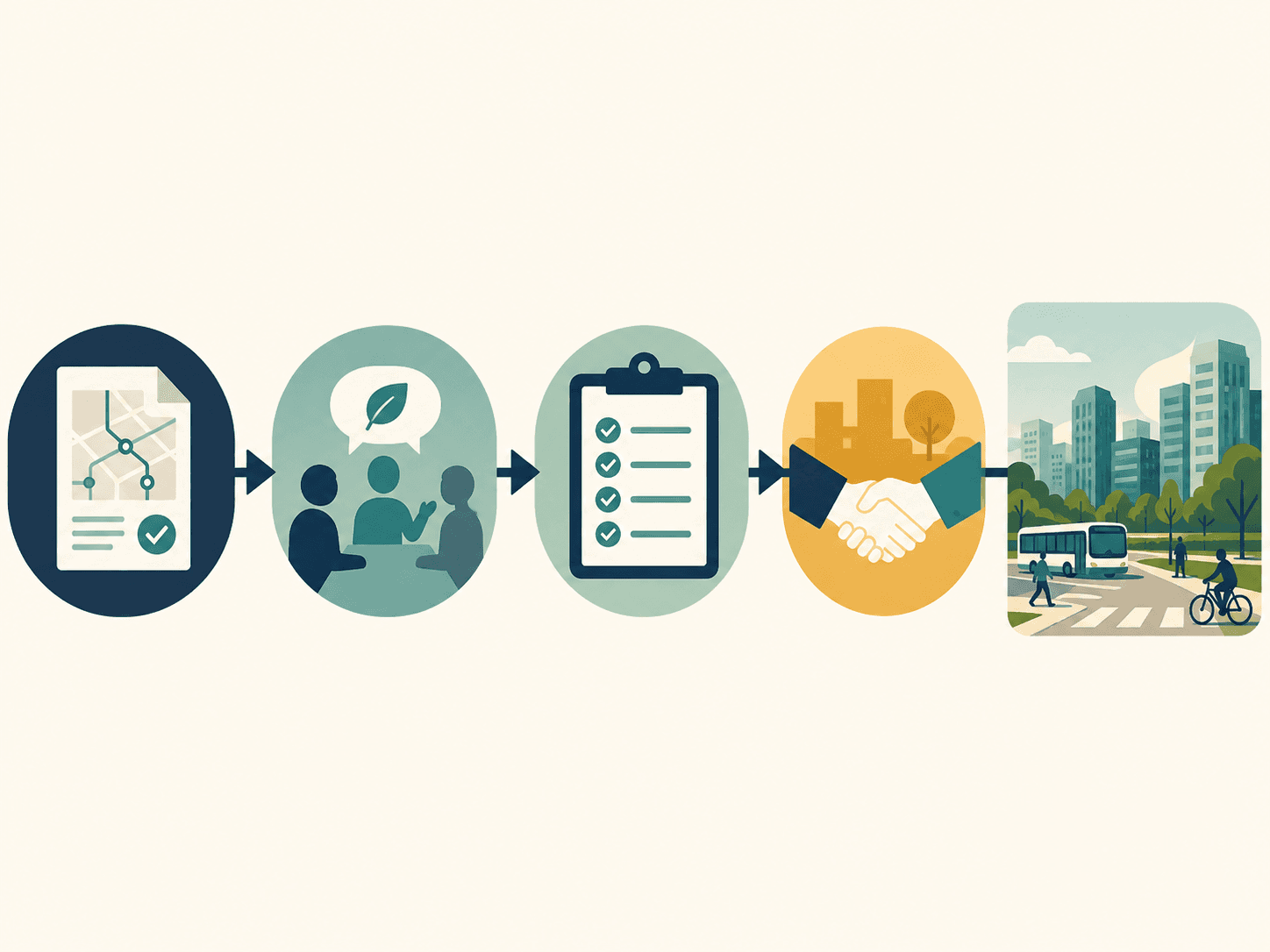 Sequenza che mostra un piano di mobilità urbana, un tavolo di confronto tra portatori di interesse, una checklist di requisiti, una stretta di mano che sancisce l'accordo e infine una città con mobilità condivisa e sostenibile.