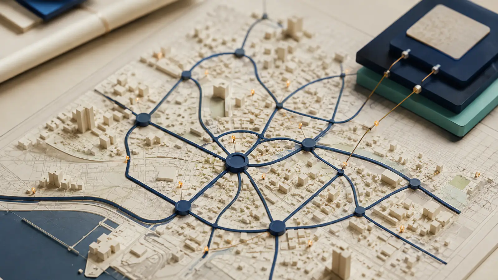 Un plastico urbano con una rete di nodi e connessioni luminose sovrapposta alle strade e agli edifici, a rappresentare la pianificazione della mobilità come sistema interconnesso.