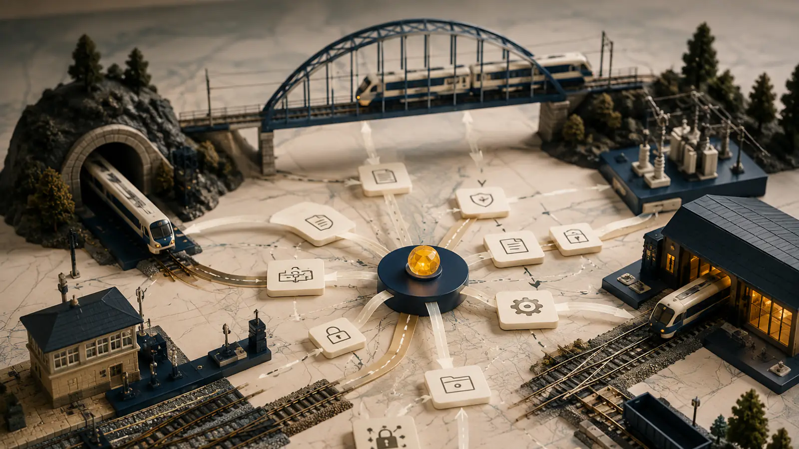 Un treno che attraversa un ponte ferroviario sopra un nodo circolare con tessere-icona — documento, scudo, ingranaggio, lucchetto — disposte a raggiera, a rappresentare il passaggio dall'interscambio dei dati alla loro semantica operativa.