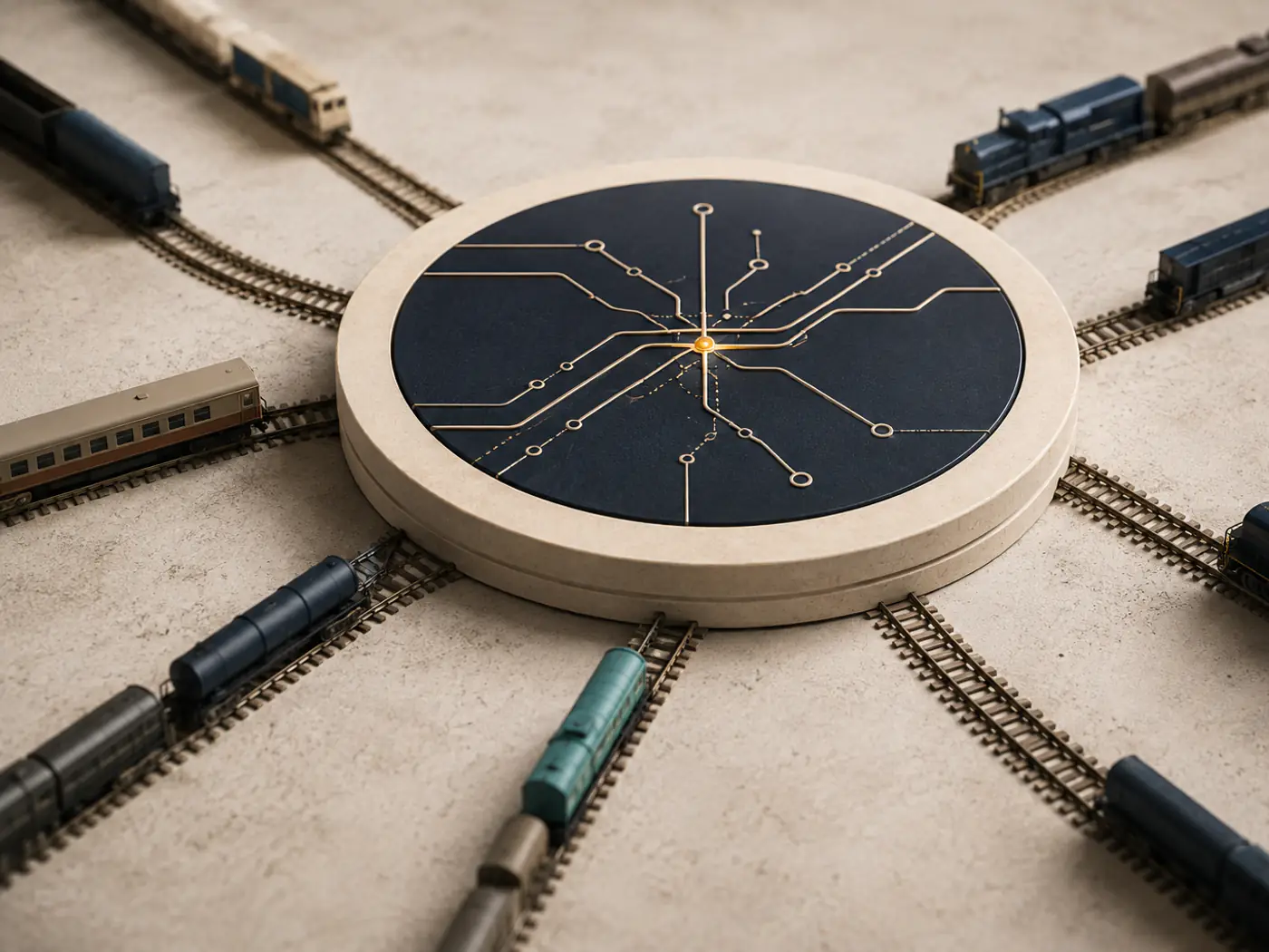 Più carri merci e vagoni su binari distinti che convergono verso un hub circolare con uno schema a circuito, a rappresentare l'interscambio di asset ferroviari diversi unificato in una semantica condivisa.