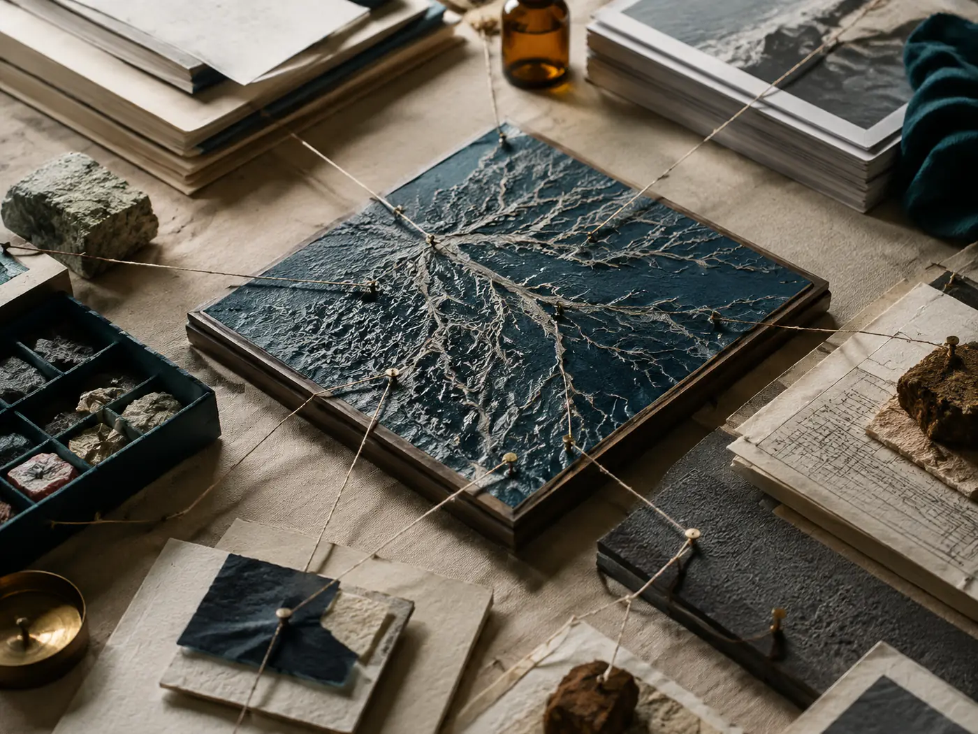 Una superficie scura con un motivo ramificato simile a una scarica elettrica, collegata tramite fili a materiali d'archivio circostanti, a rappresentare la tracciabilità di un contenuto dal punto di origine.