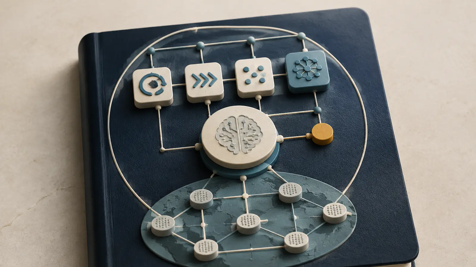 La copertina di un quaderno con un rilievo che mostra icone di processo agile collegate a un'icona centrale simile a un cervello e a una rete di nodi, a rappresentare l'aggiornamento della guida su AI ed enterprise agility.