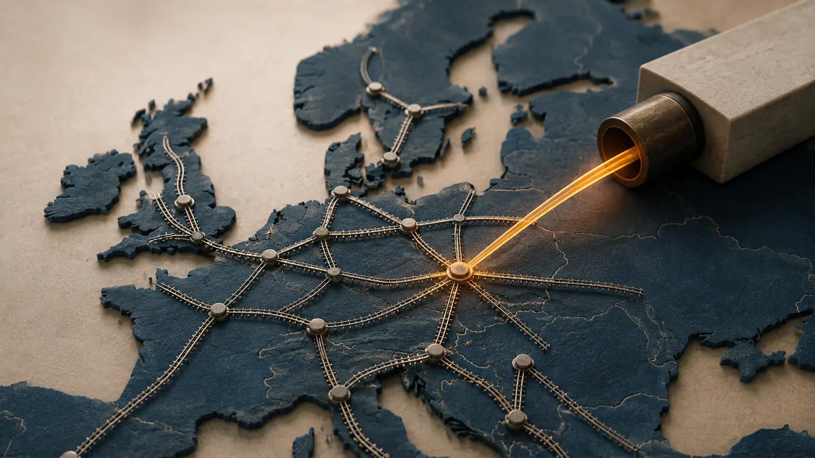 Una mappa d'Europa con una rete ferroviaria sovrapposta, mentre un contenitore versa un flusso dorato nel nodo centrale della rete, a rappresentare il finanziamento che confluisce nella rete ferroviaria TEN-T.