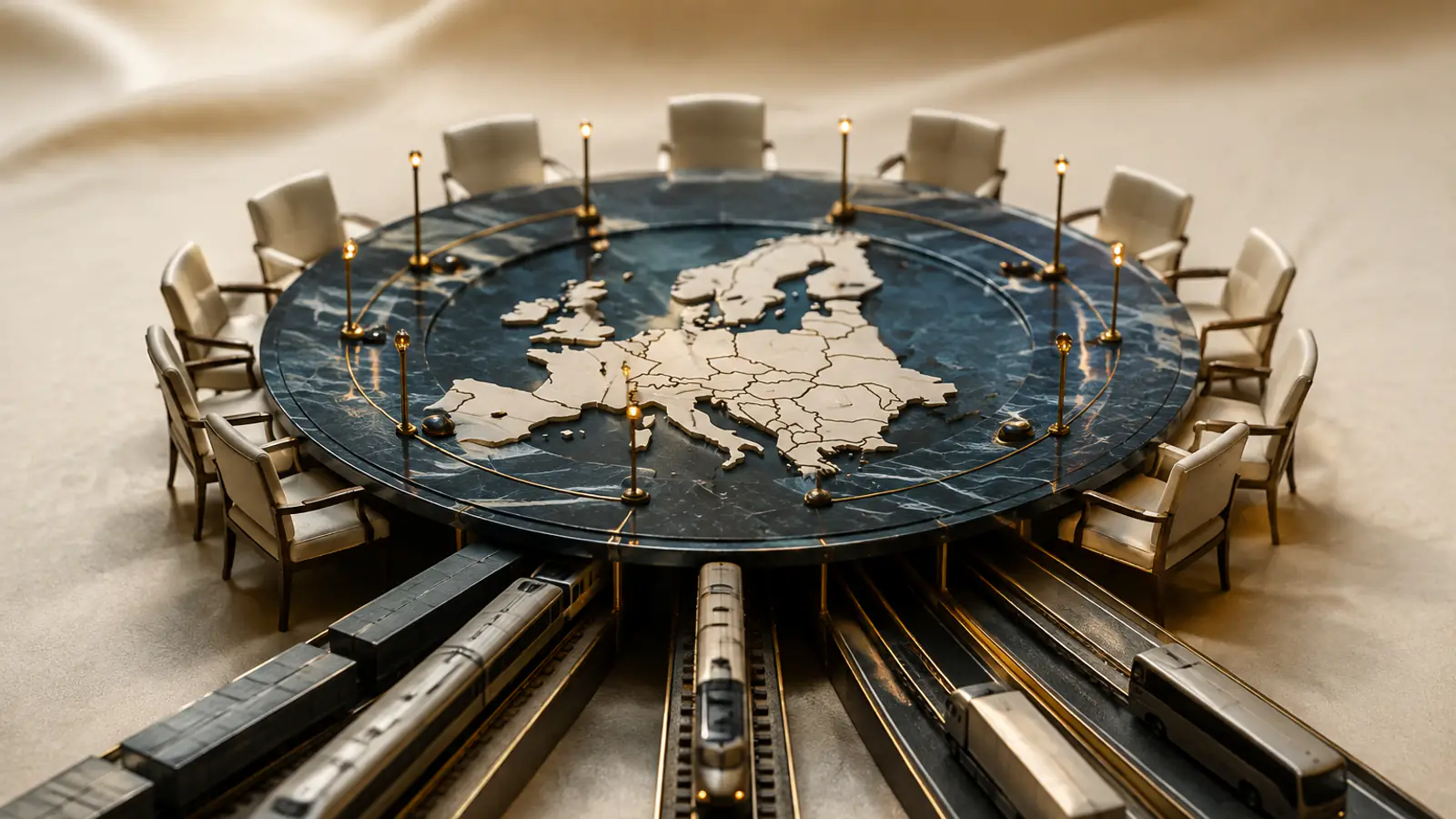 Un tavolo rotondo a forma di mappa d'Europa circondato da poltrone vuote, con binari ferroviari che emergono verso l'osservatore, a rappresentare una plenaria istituzionale su prenotazione multimodale e bigliettazione ferroviaria.