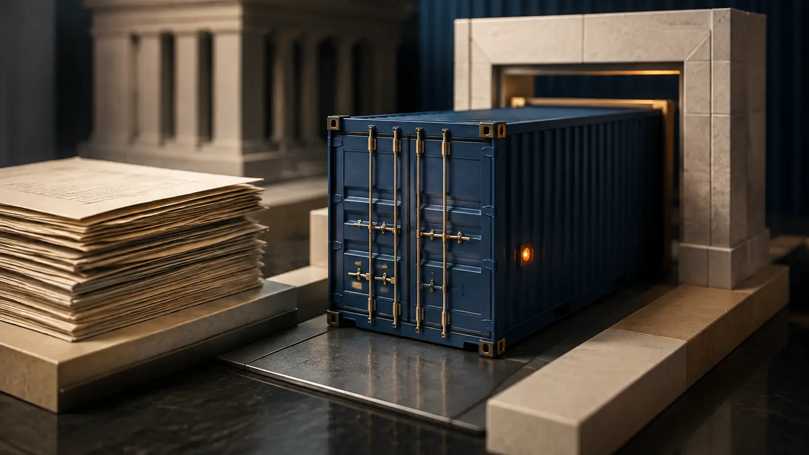Una pila di documenti cartacei accanto a un container blu che attraversa un varco in pietra con un indicatore luminoso, a rappresentare la transizione dai documenti cartacei ai dati elettronici certificati.