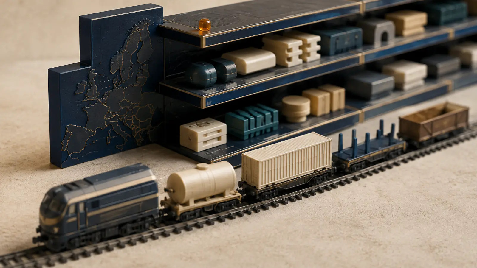 Una mappa d'Europa e uno scaffale con componenti catalogati accanto a un treno merci, a rappresentare un catalogo di soluzioni riutilizzabili per l'interoperabilità ferroviaria.