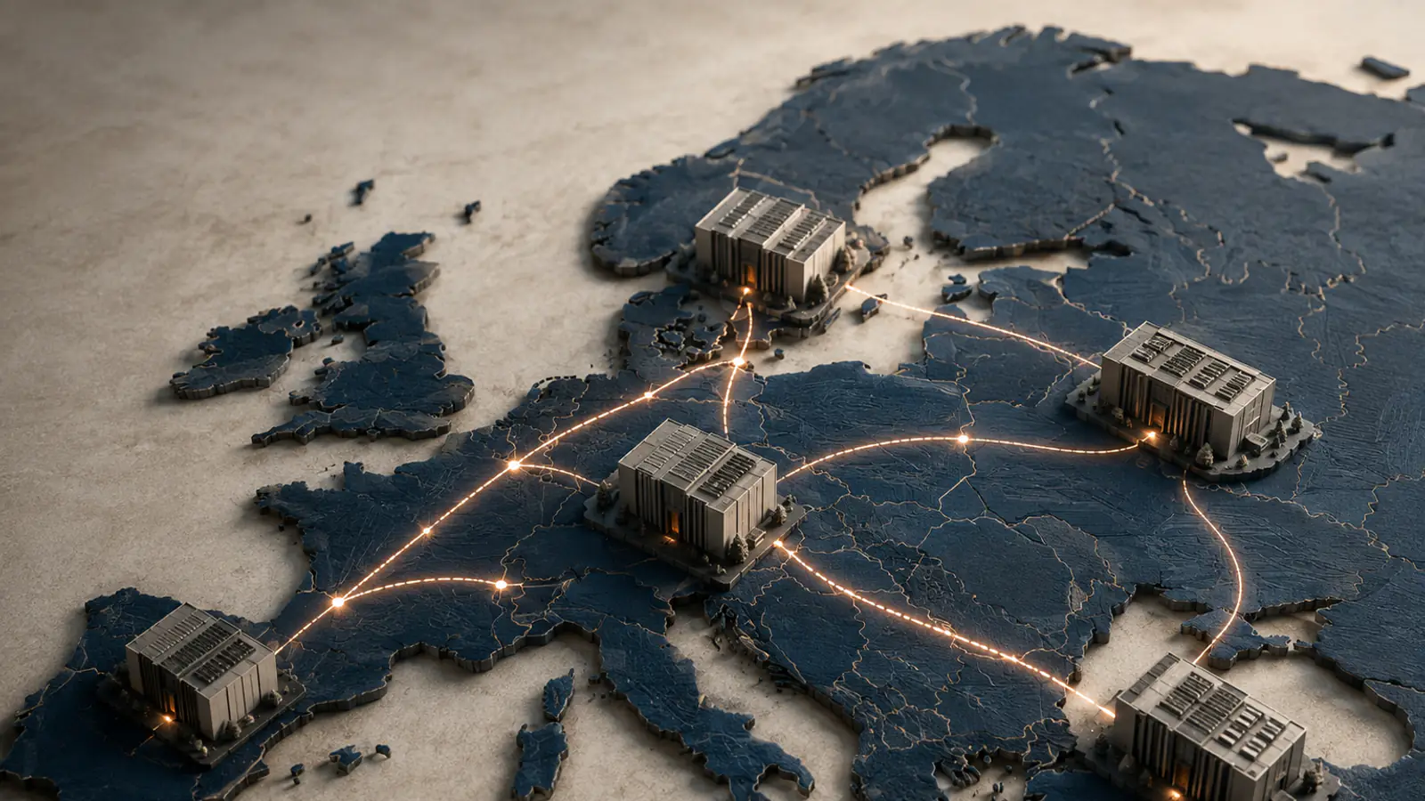 Una mappa d'Europa con cinque edifici che rappresentano data center collegati da linee dorate luminose, a rappresentare la rete di AI Gigafactory in costruzione.