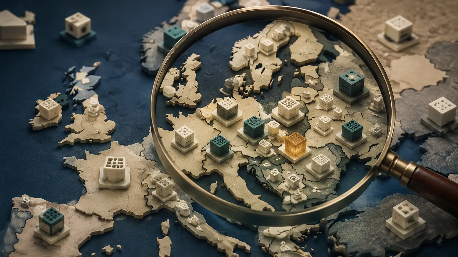Una lente d'ingrandimento su una mappa d'Europa con piccole icone cubiche distribuite nei diversi paesi, una evidenziata in ambra, a rappresentare la revisione del primo rapporto annuale sull'interoperabilità.