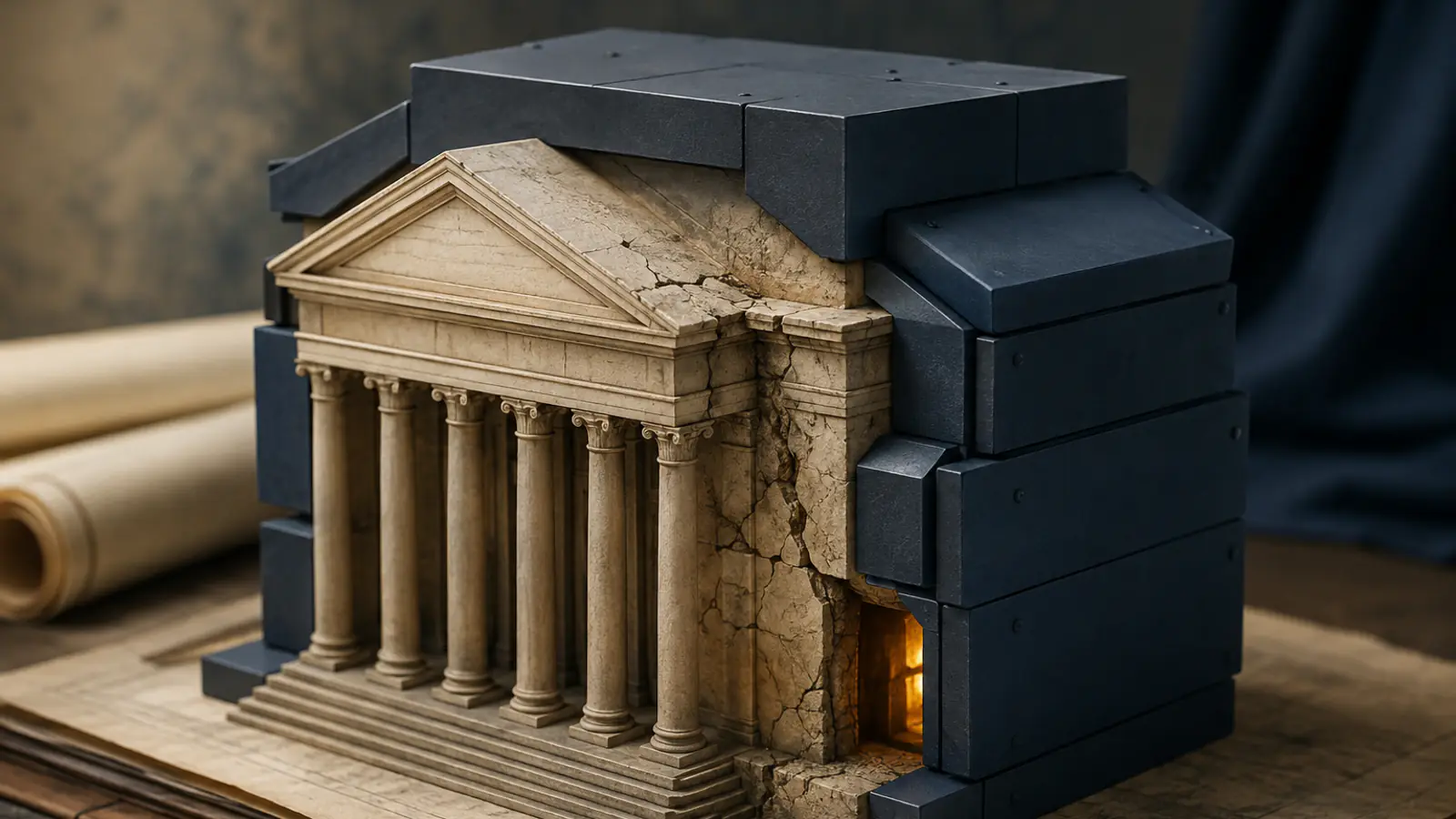 Una facciata classica in pietra, incrinata, fusa con pannelli metallici moderni, a rappresentare infrastrutture legacy aggiornate con misure di sicurezza recenti senza risolvere le fratture strutturali.