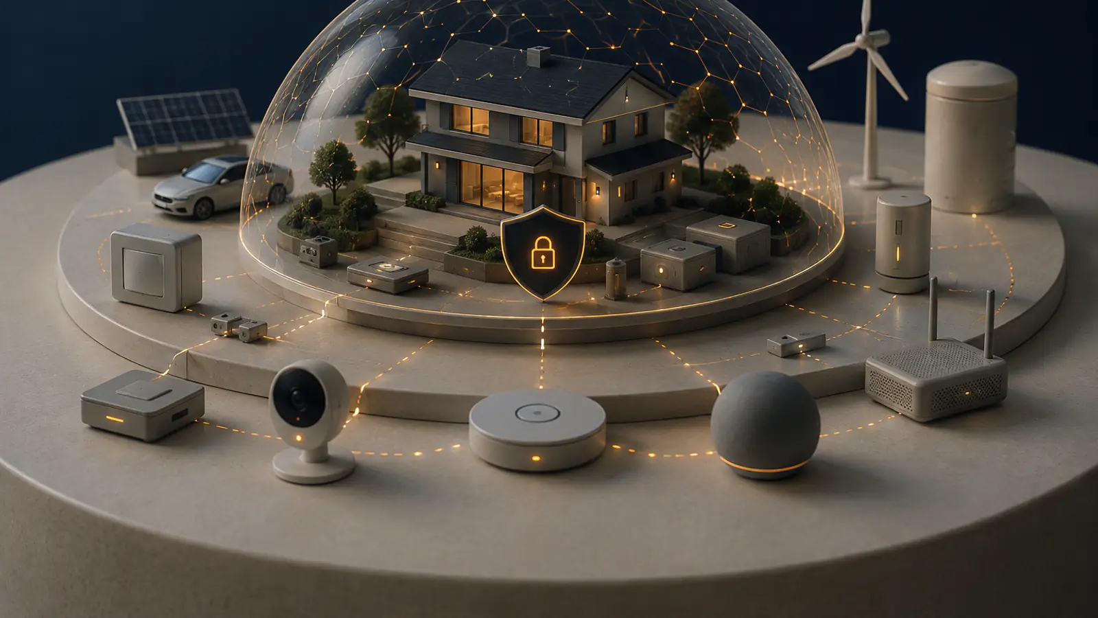 Una casa intelligente sotto una cupola protettiva luminosa, circondata da dispositivi IoT distinti collegati alla rete, a rappresentare l'estensione dei requisiti di cybersecurity dal dispositivo al prodotto connesso.